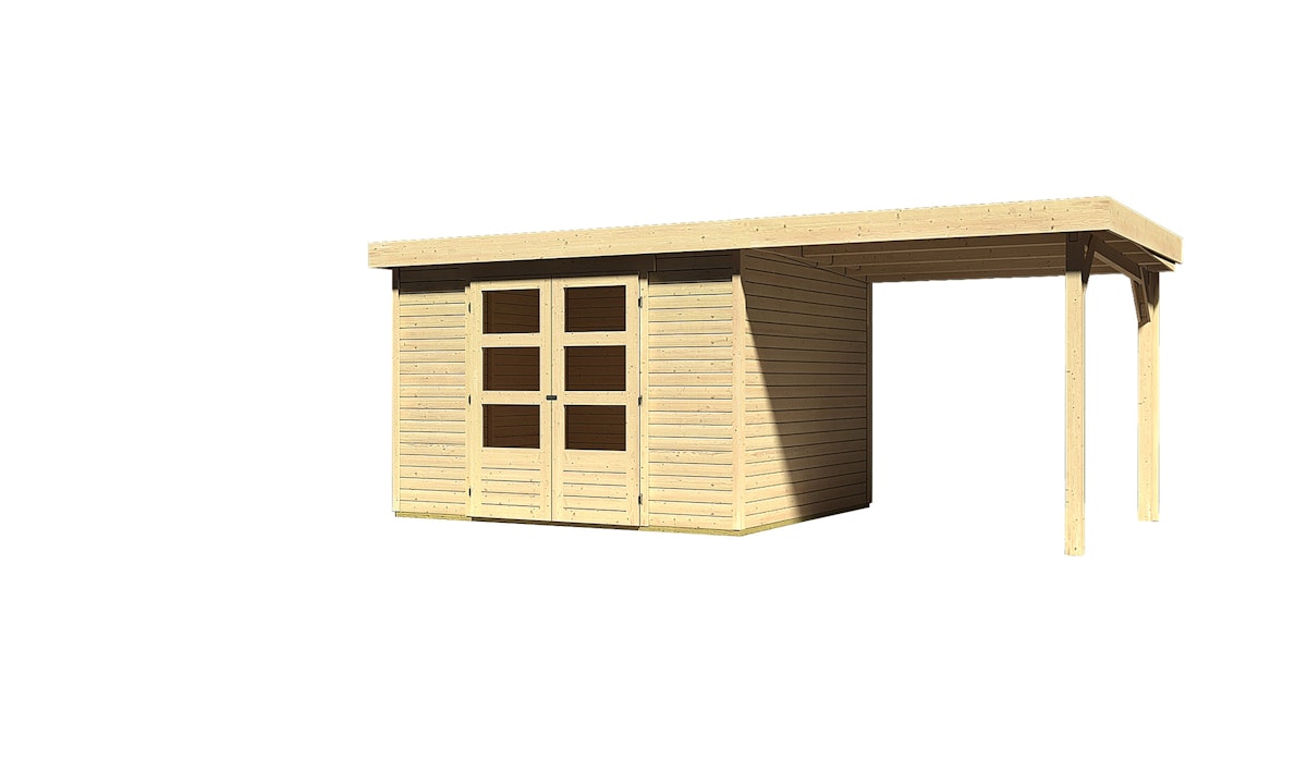Karibu Gartenhaus Askola 5 inkl. 225 cm Schleppdach - 19mm-302 x 246 cm- naturbelassen 50% Aktions-Rabatt auf Dacheindeckung & gratis Gartenhaus-Pflegebox von Karibu