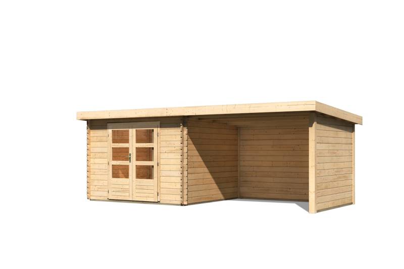 Karibu Gartenhaus Bastrup 5 inkl. 3m Schleppdach,Seiten und Rückwand - 28 mm-297 x 297 cm- naturbelassen - 50% Rabatt auf Dacheindeckung von Karibu