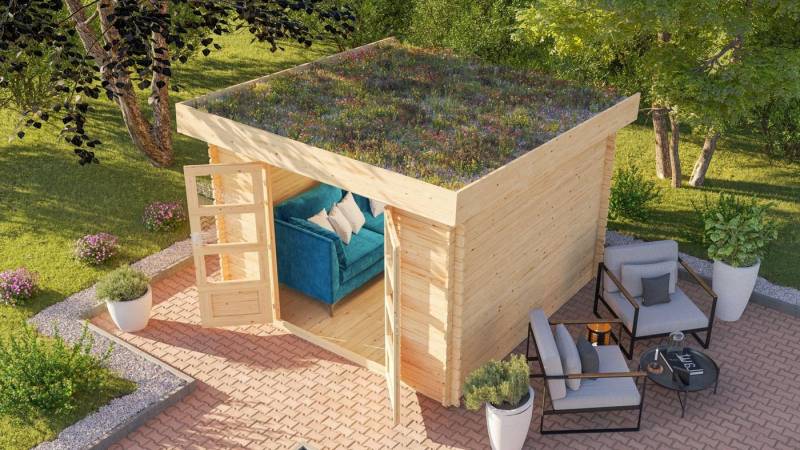 Karibu Gartenhaus Blockbohlen Gartenhaus Rosé 5 naturbelassen Dachbegrünung, BxT: 297x297 cm, (1 Stück, Unterleger, Dachbahn,Vlies, Wurzelschutzfolie), Inkl. Paket zur Dachbegrünung von Karibu