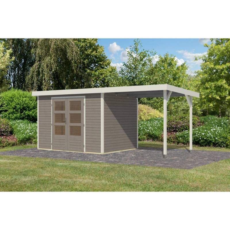 Karibu Gartenhaus Ernesto 4 D m. Anbaudach Wassergrau/Weiß 209 x 298 x 213 cm von Karibu