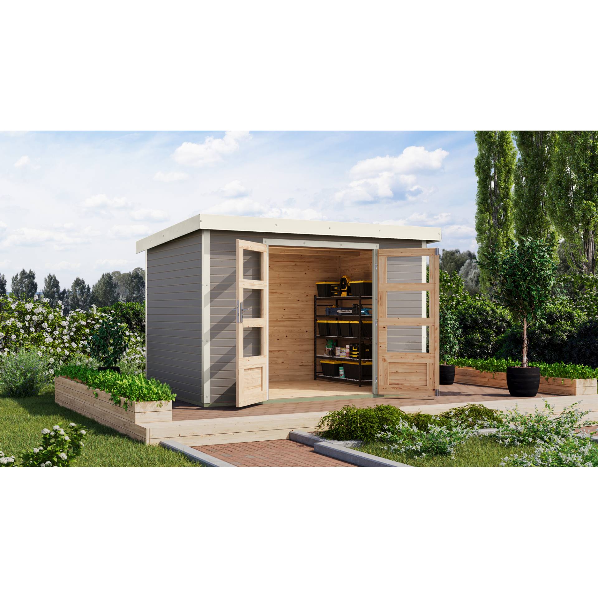 Karibu Gartenhaus 'Komet 4 D' Fichtenholz wassergrau / weiß 298,5 x 209 x 213,5 cm von Karibu