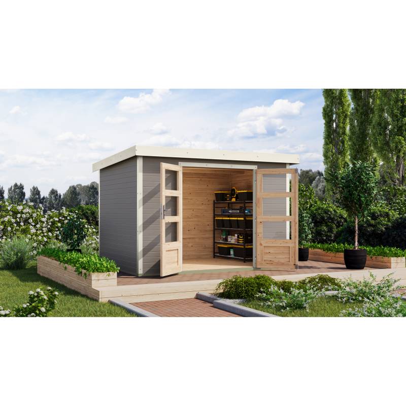Karibu Gartenhaus 'Komet 4 D' Fichtenholz wassergrau / weiß 298,5 x 209 x 213,5 cm von Karibu