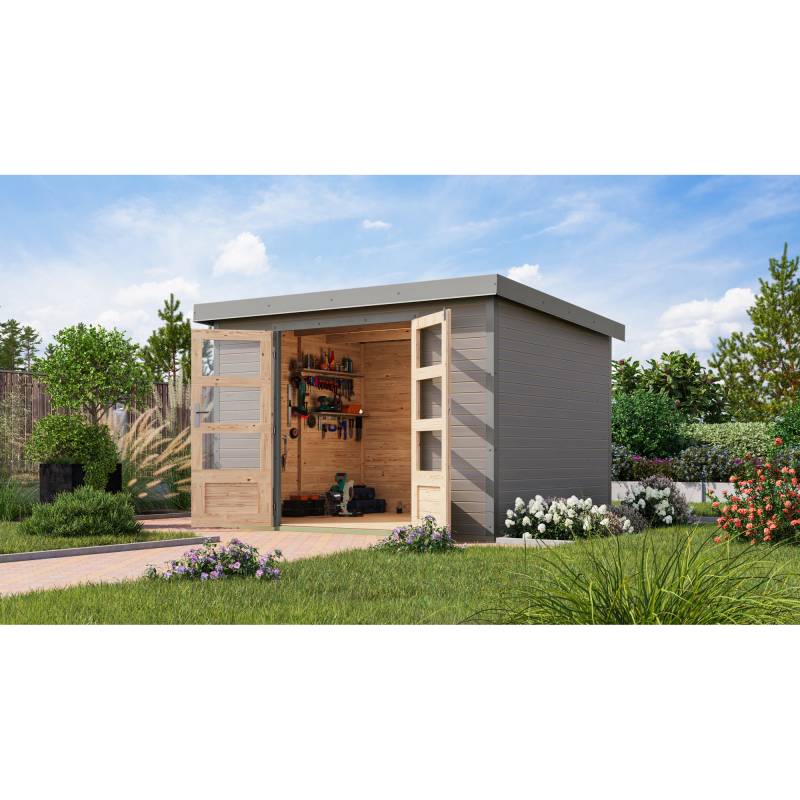 Karibu Gartenhaus 'Komet 5 D' Fichtenholz wassergrau / graualuminium 298,5 x 209 x 242,5 cm von Karibu