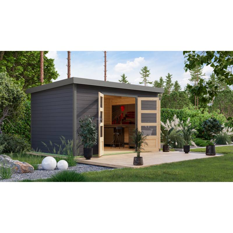 Karibu Gartenhaus 'Meteor 7 B' Fichtenholz terragrau / graualuminium 360,5 x 219 x 240,5 cm von Karibu