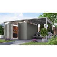 Karibu Gartenhaus ""Østen 3,5" SET mit Anbaudach 2,25 m" pulverbeschichtetes Trapezblech, Rahmen aus verzinktem Vierkantrohr von Karibu