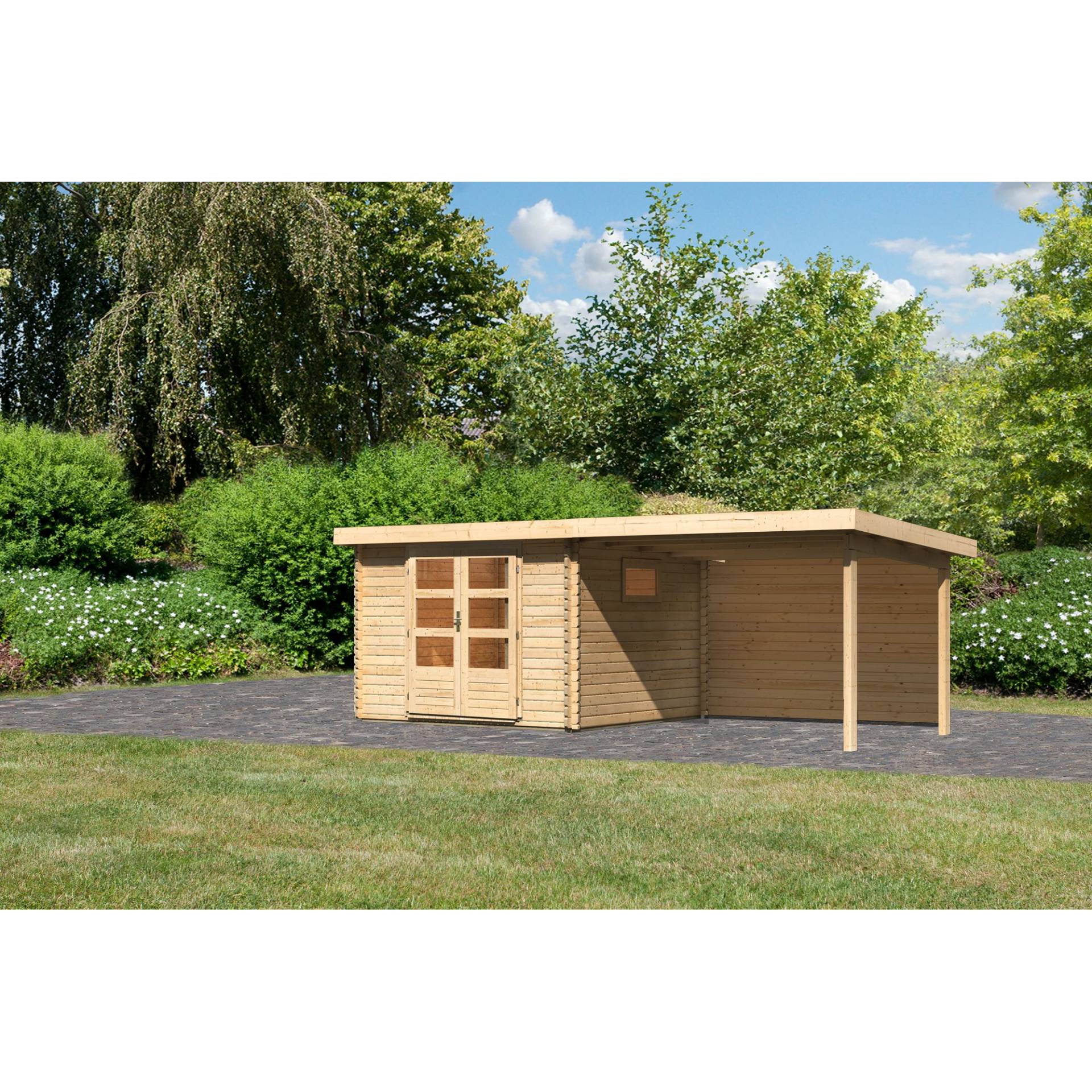 Karibu Gartenhaus-Set 'Ahrensburg 3' naturbelassen mit Anbaudach und Rückwand 616,5 x 217 x 333 cm von Karibu