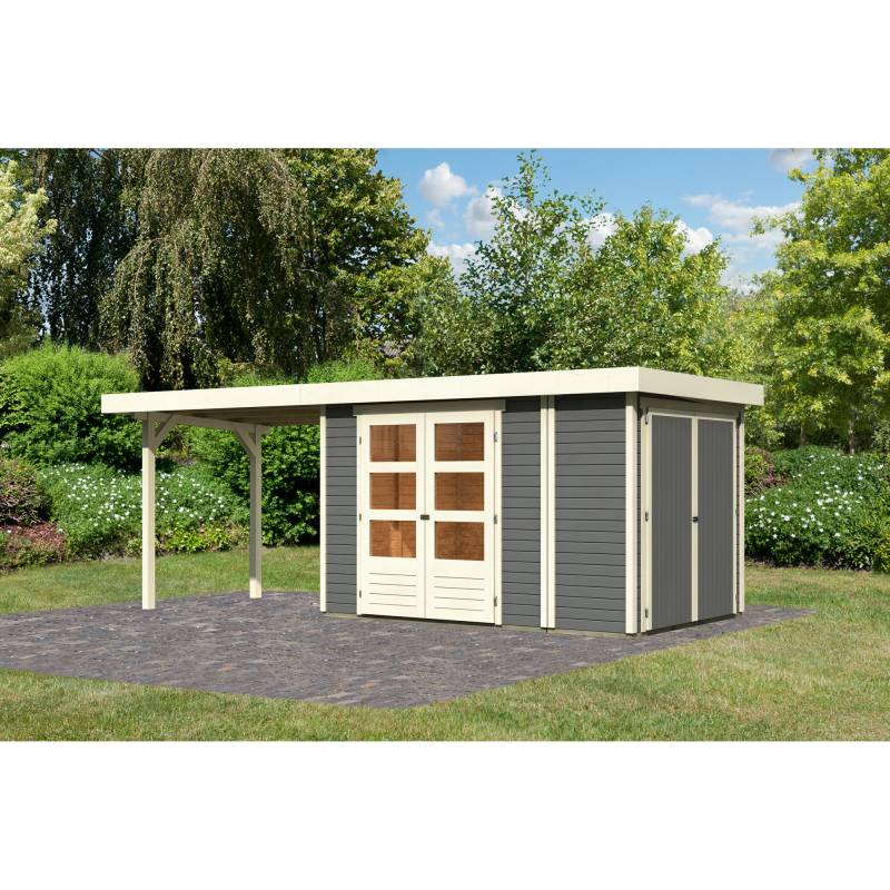 Karibu Gartenhaus-Set 'Betola 3' terragrau mit Anbauschrank und Schleppdach 603,5 x 211 x 238 cm von Karibu