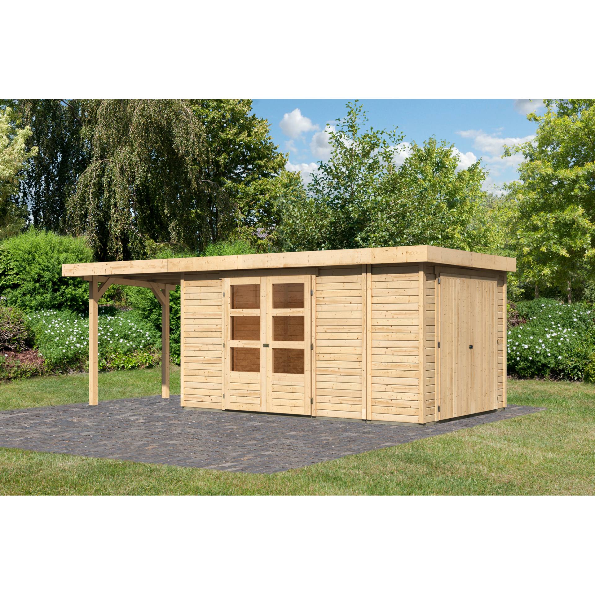 Karibu Gartenhaus-Set 'Betola 6' naturbelassen mit Anbauschrank und Schleppdach 629 x 211 x 262 cm von Karibu