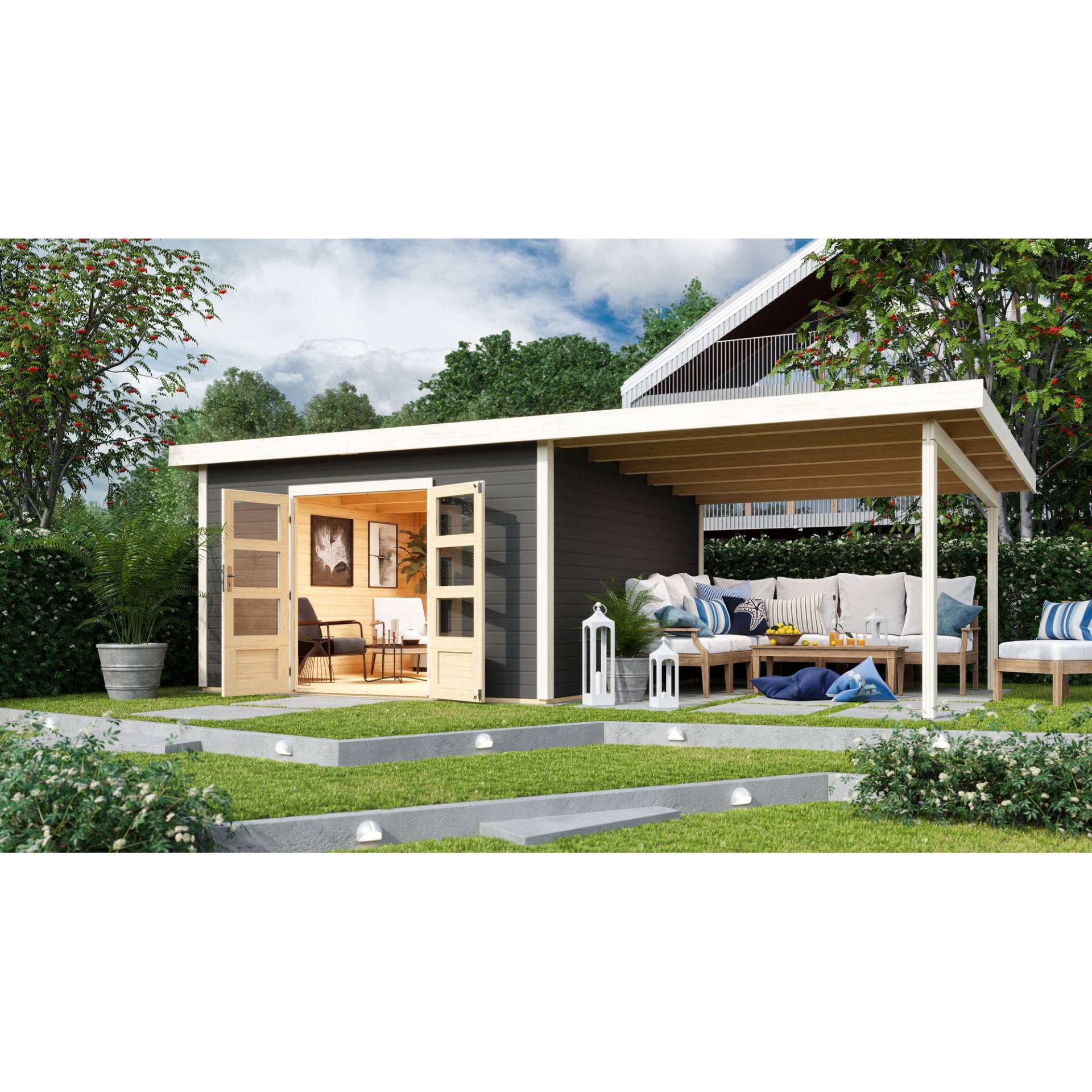 Karibu Gartenhaus-Set 'Fortheim 5' Fichtenholz terragrau 229,5 x 665 x 369 cm von Karibu