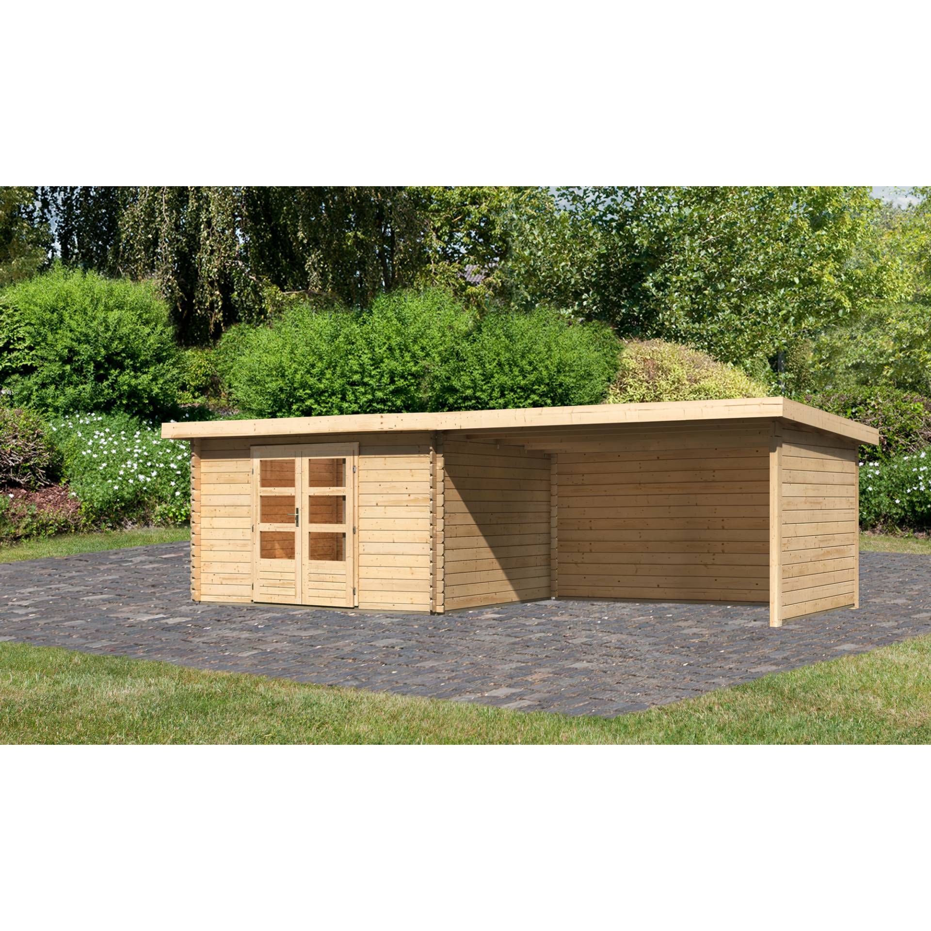 Karibu Gartenhaus-Set 'Kastrup 7' naturbelassen mit Anbaudach, Seiten- und Rückwand 774 x 222 x 333 cm Karibu Gartenhaus-Set 'Kastrup 7' naturbelassen mit Anbaudach, Seiten- und Rückwand 774 x 222 x 333 cm von Karibu