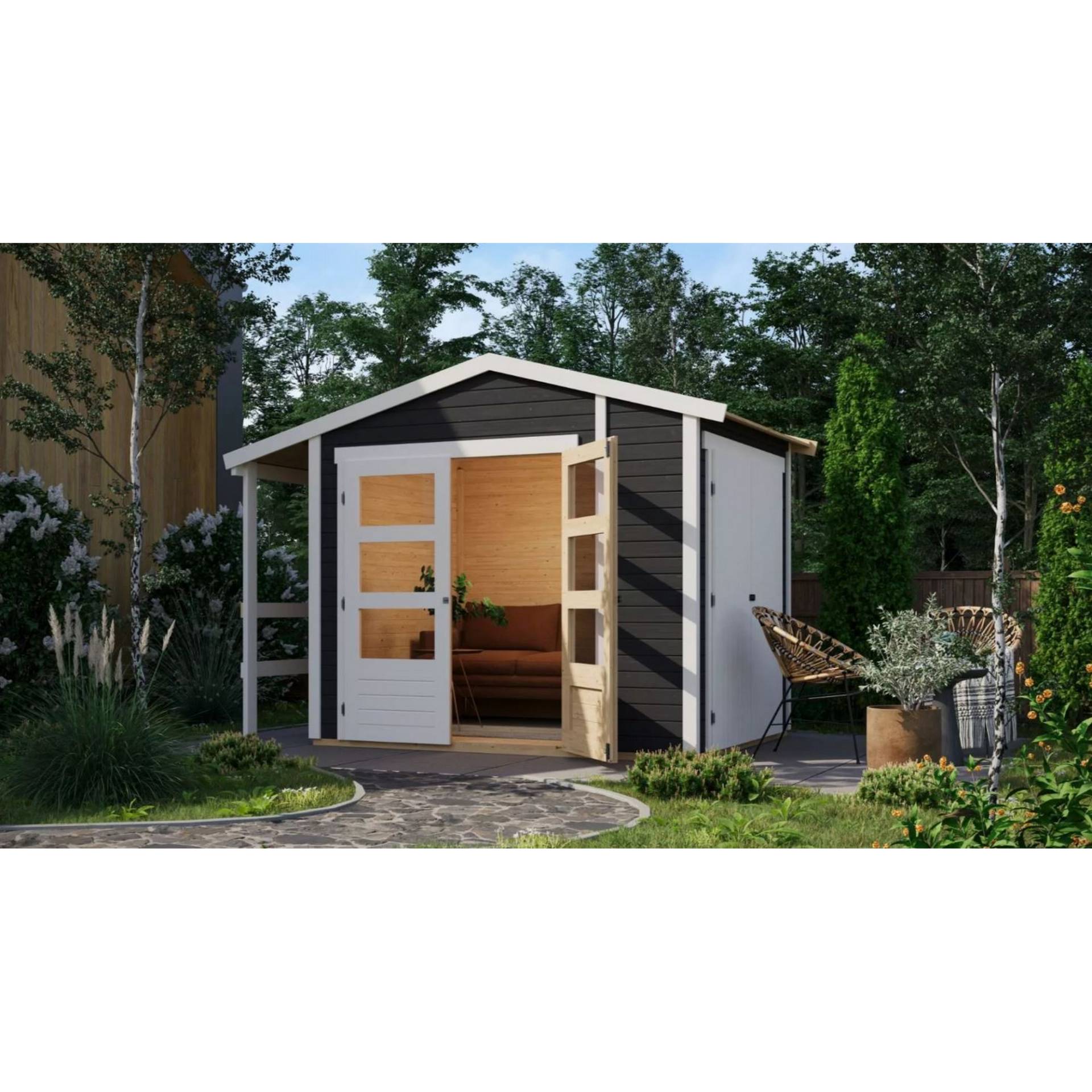 Karibu Gartenhaus-Set 'Kombo' terragrau 303 x 210 x 187 cm mit Satteldach, Schrank und Anbaudach von Karibu