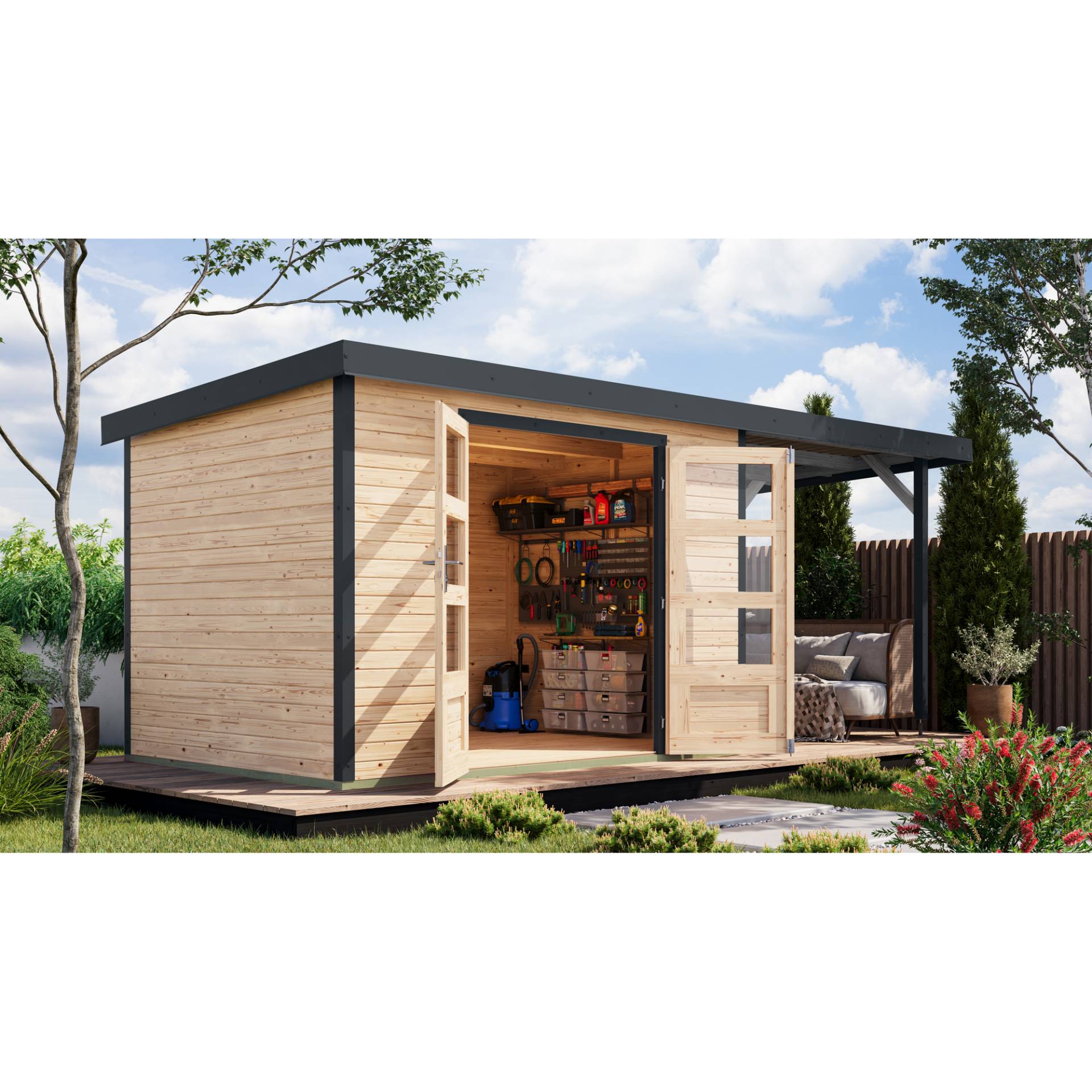 Karibu Gartenhaus-Set 'Komet 4 A' Fichtenholz naturbelassen / anthrazit mit Anbaudach 2,35 m breit 514,5 x 209 x 213,5 cm Karibu Gartenhaus-Set 'Komet 4 A' Fichtenholz naturbelassen / anthrazit mit Anbaudach 2,35 m breit 514,5 x 209 x 213,5 cm von Karibu