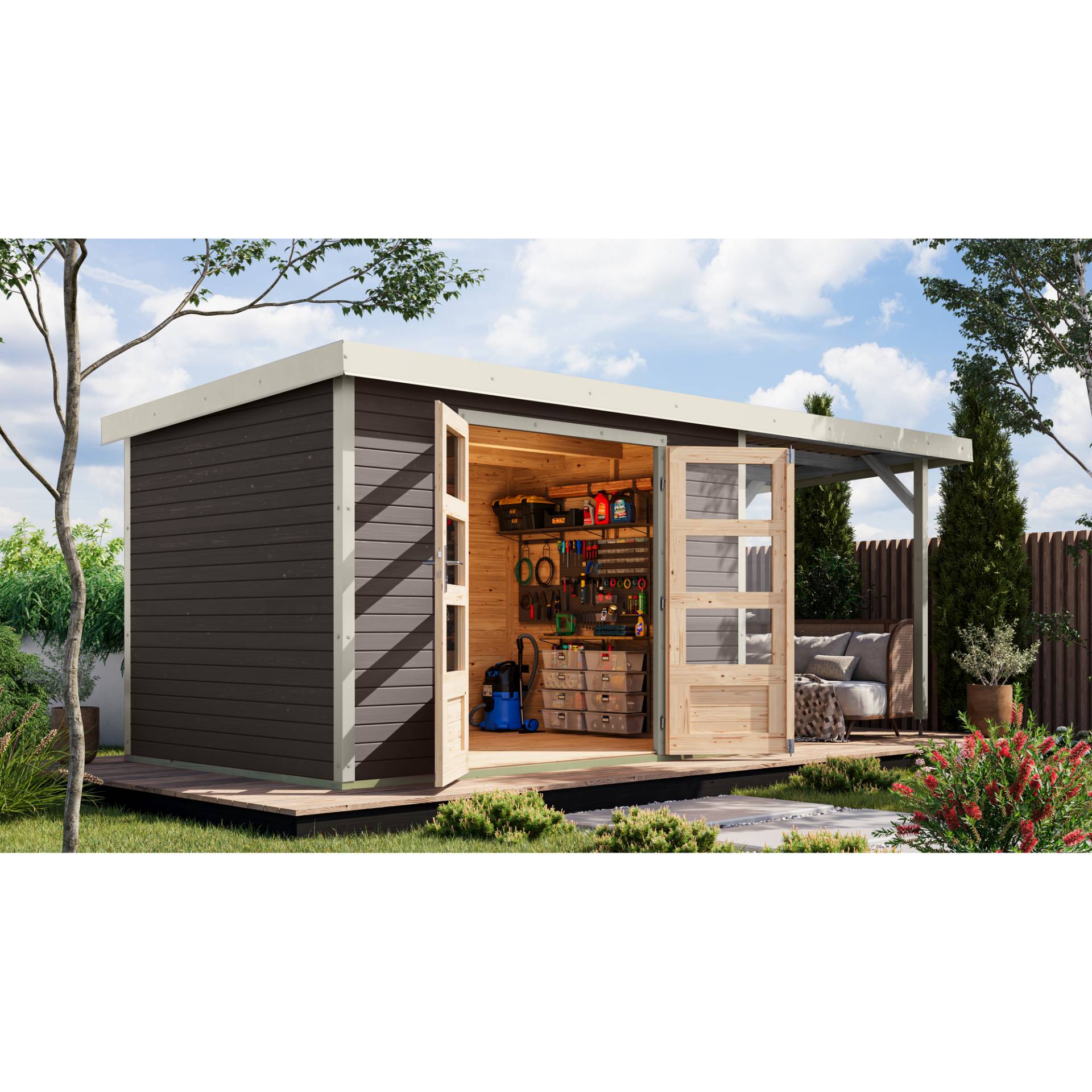 Karibu Gartenhaus-Set 'Komet 4 B' Fichtenholz terragrau / weiß mit Anbaudach 2,35 m breit 514,5 x 209 x 213,5 cm Karibu Gartenhaus-Set 'Komet 4 B' Fichtenholz terragrau / weiß mit Anbaudach 2,35 m breit 514,5 x 209 x 213,5 cm von Karibu