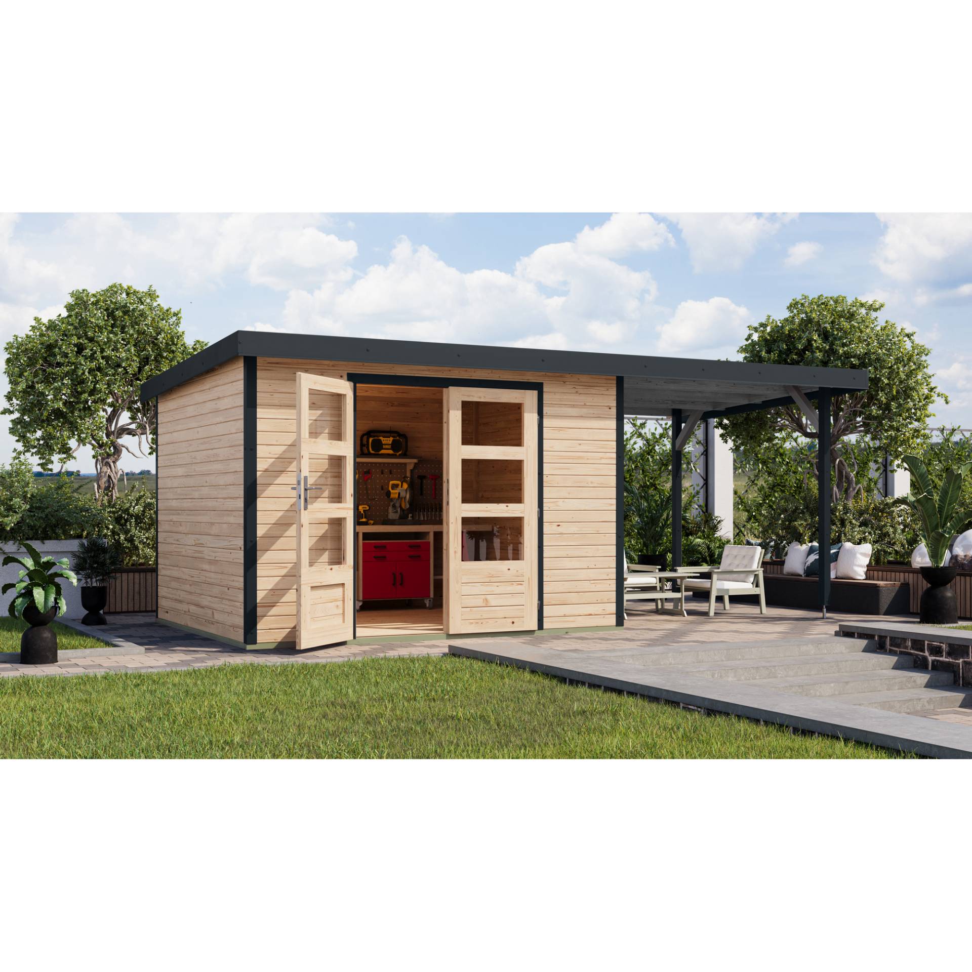Karibu Gartenhaus-Set 'Komet 5 A' Fichtenholz naturbelassen / anthrazit mit Anbaudach 2,35 m breit 514,5 x 209 x 242,5 cm Karibu Gartenhaus-Set 'Komet 5 A' Fichtenholz naturbelassen / anthrazit mit Anbaudach 2,35 m breit 514,5 x 209 x 242,5 cm von Karibu