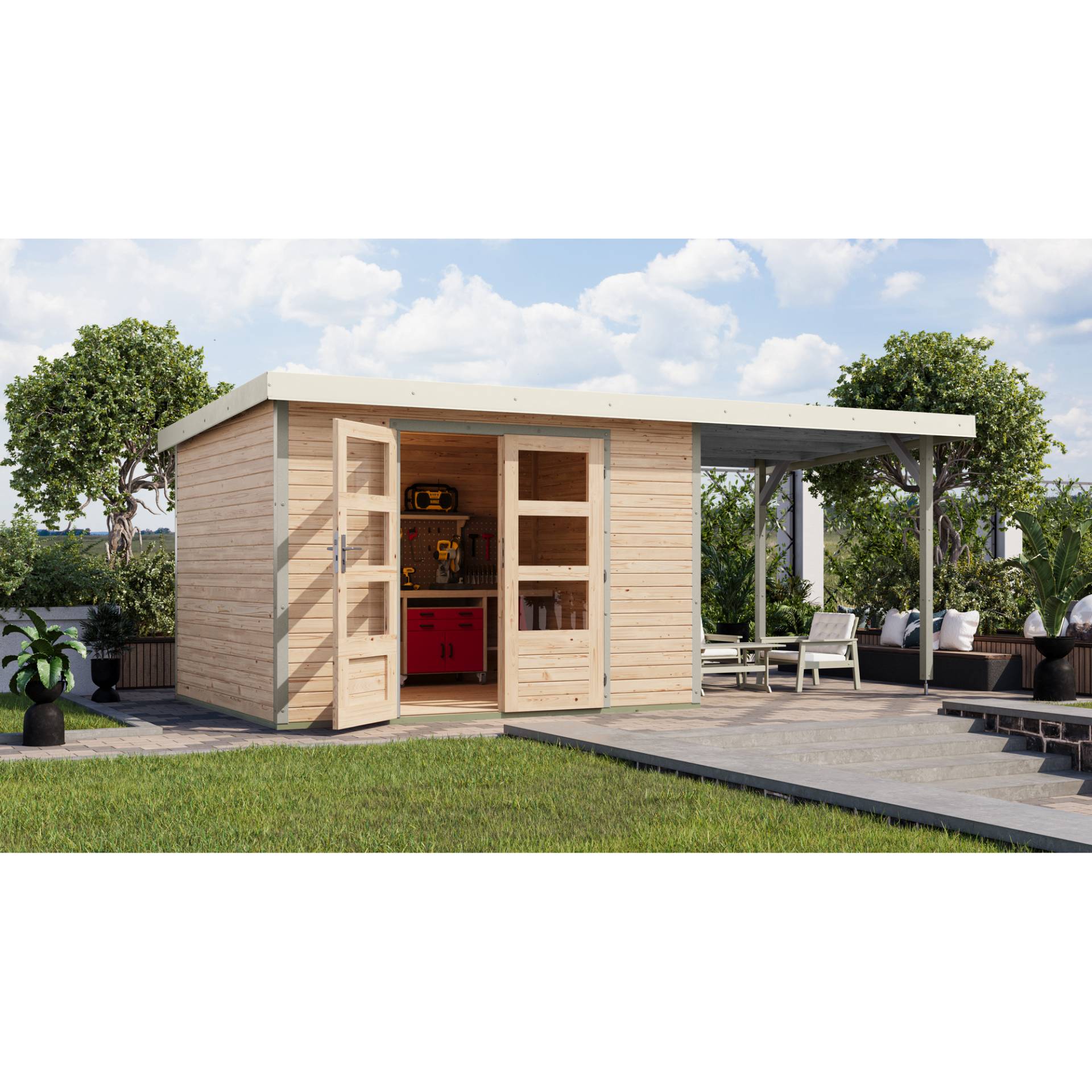 Karibu Gartenhaus-Set 'Komet 5 A' Fichtenholz naturbelassen / weiß mit Anbaudach 2,35 m breit 514,5 x 209 x 242,5 cm Karibu Gartenhaus-Set 'Komet 5 A' Fichtenholz naturbelassen / weiß mit Anbaudach 2,35 m breit 514,5 x 209 x 242,5 cm von Karibu