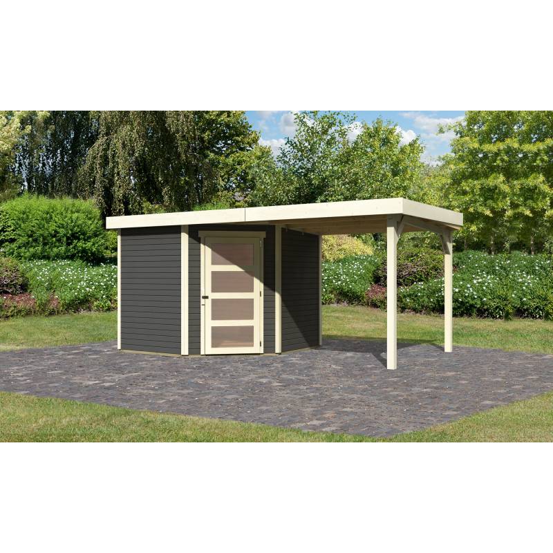 Karibu Gartenhaus-Set 'Krähendorf 5' terragrau mit Anbaudach 492,5 x 218 x 262 cm von Karibu