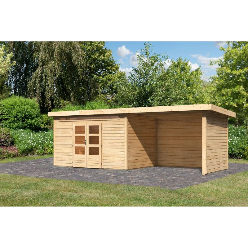 Karibu Gartenhaus-Set 'Landern 7' naturbelassen mit Anbaudach, Seiten- und Rückwand 702 x 222 x 273 cm von Karibu