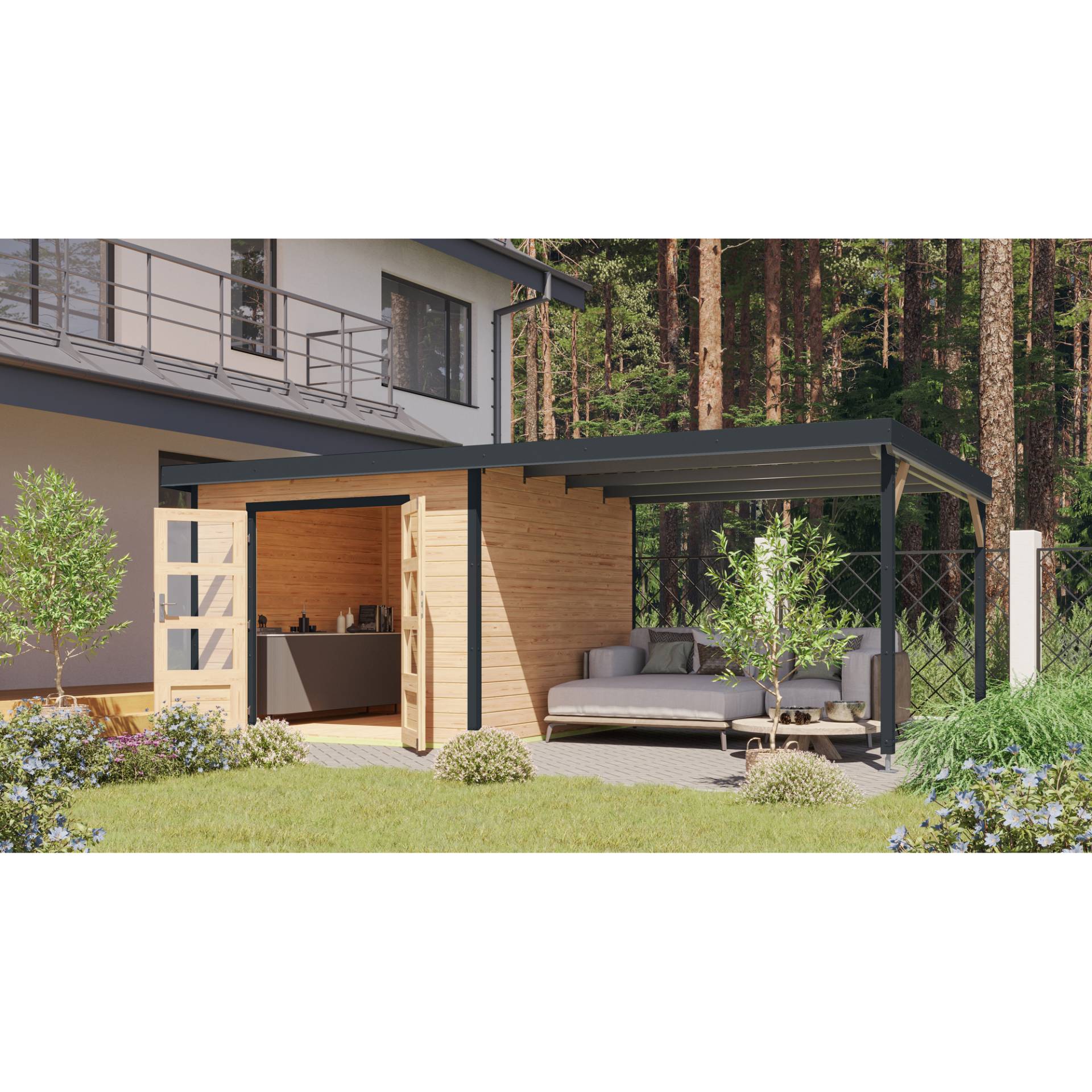 Karibu Gartenhaus-Set 'Meteor A' naturbelassen/anthrazit mit Anbaudach 595,5 x 218,5 x 292,4 cm Karibu Gartenhaus-Set 'Meteor A' naturbelassen/anthrazit mit Anbaudach 595,5 x 218,5 x 292,4 cm von Karibu