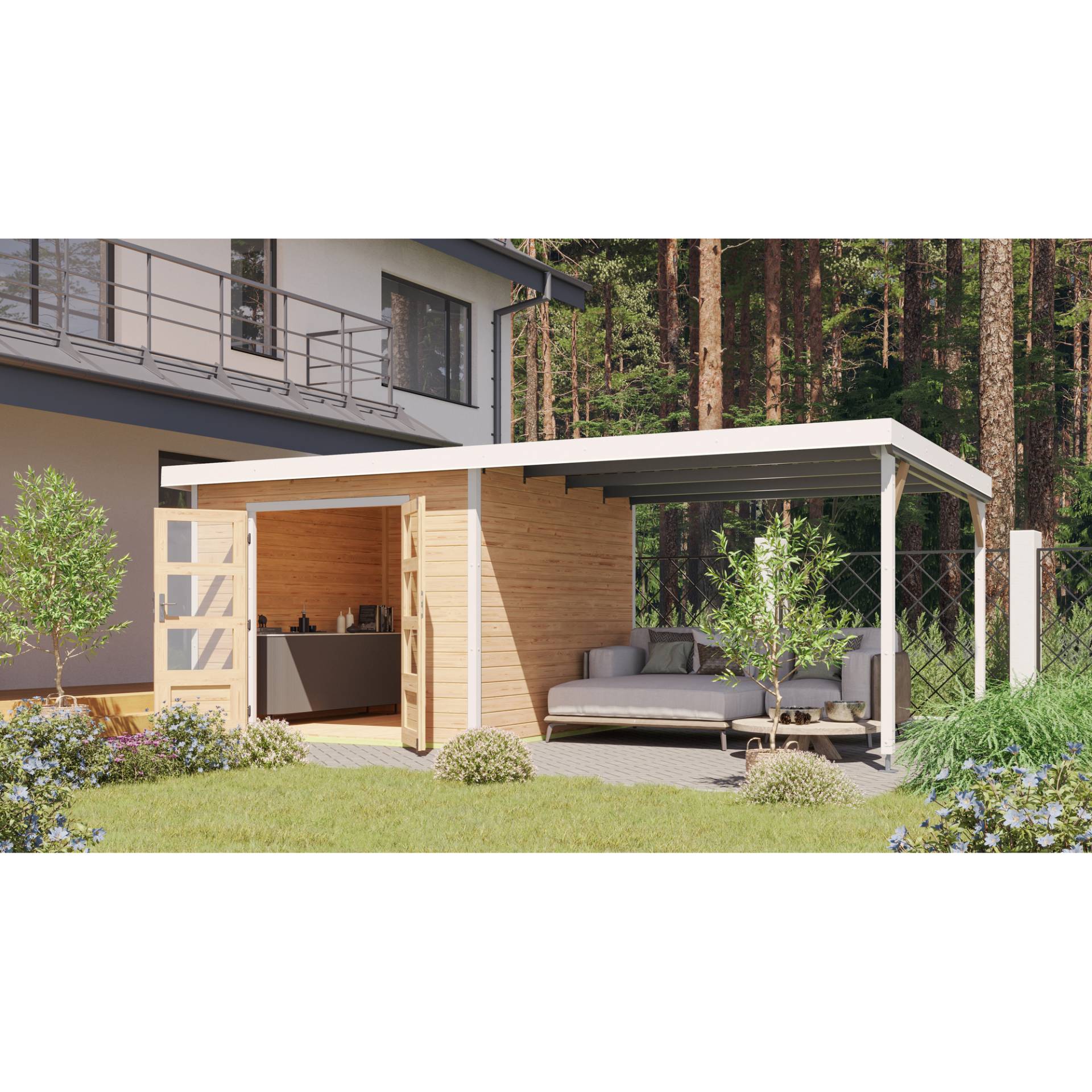 Karibu Gartenhaus-Set 'Meteor A' naturbelassen/weiß mit Anbaudach 595,5 x 218,5 x 292,4 cm Karibu Gartenhaus-Set 'Meteor A' naturbelassen/weiß mit Anbaudach 595,5 x 218,5 x 292,4 cm von Karibu