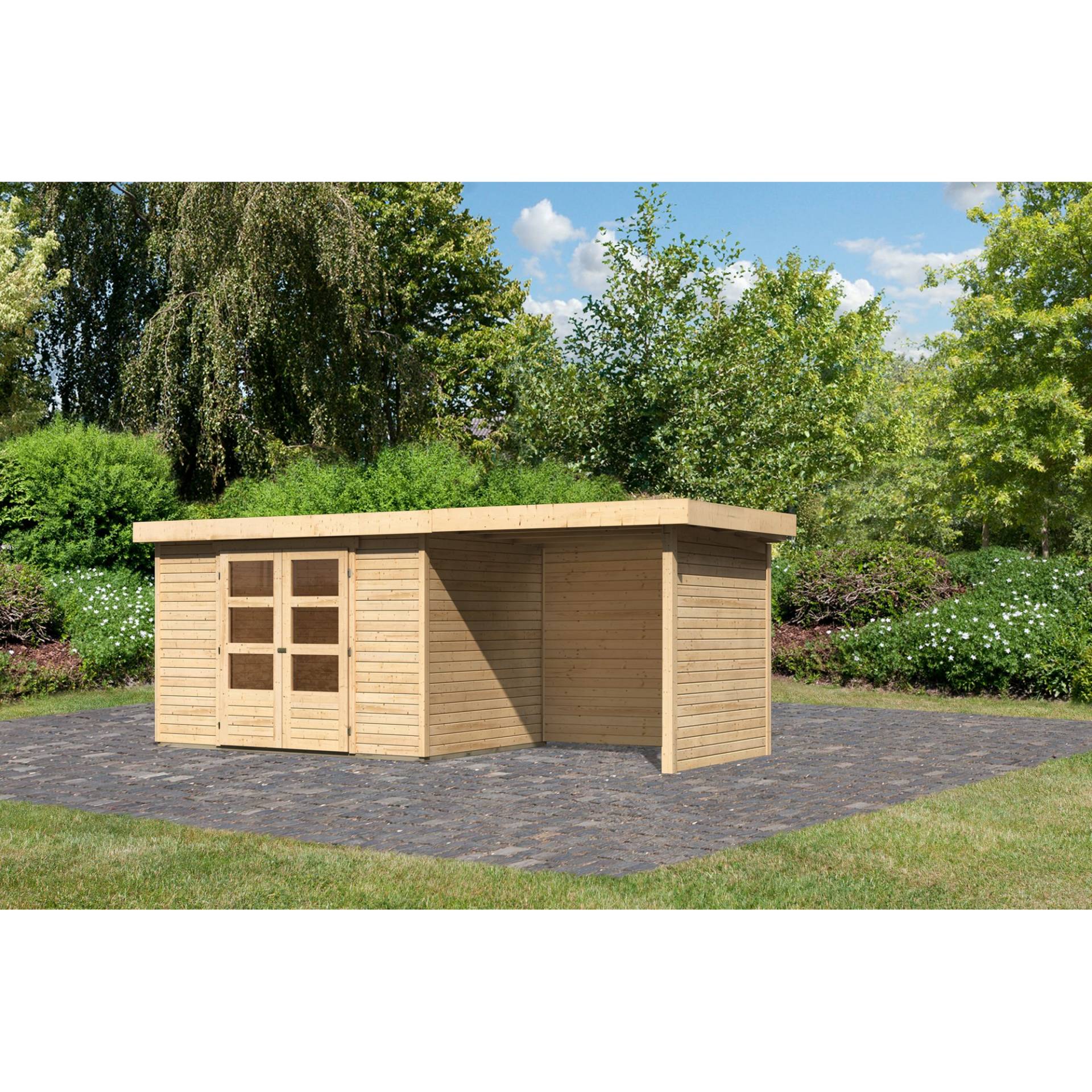 Karibu Gartenhaus-Set 'Raskola 4' naturbelassen mit Anbaudach, Seiten- und Rückwand 554 x 211 x 238 cm Karibu Gartenhaus-Set 'Raskola 4' naturbelassen mit Anbaudach, Seiten- und Rückwand 554 x 211 x 238 cm von Karibu