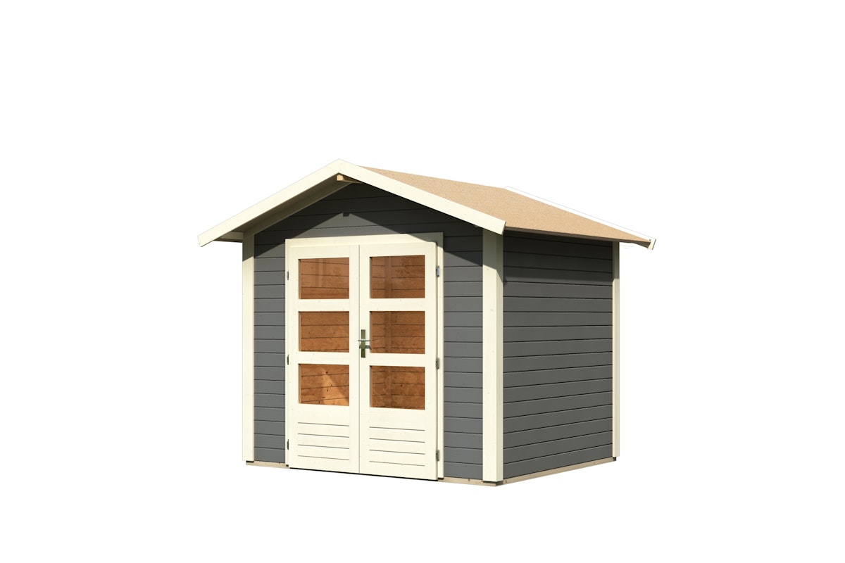 Karibu Gartenhaus Talkau 3 - 28 mm-244 x 204 cm-terragrau 50% Aktions-Rabatt auf Dacheindeckung & gratis Gartenhaus-Pflegebox von Karibu
