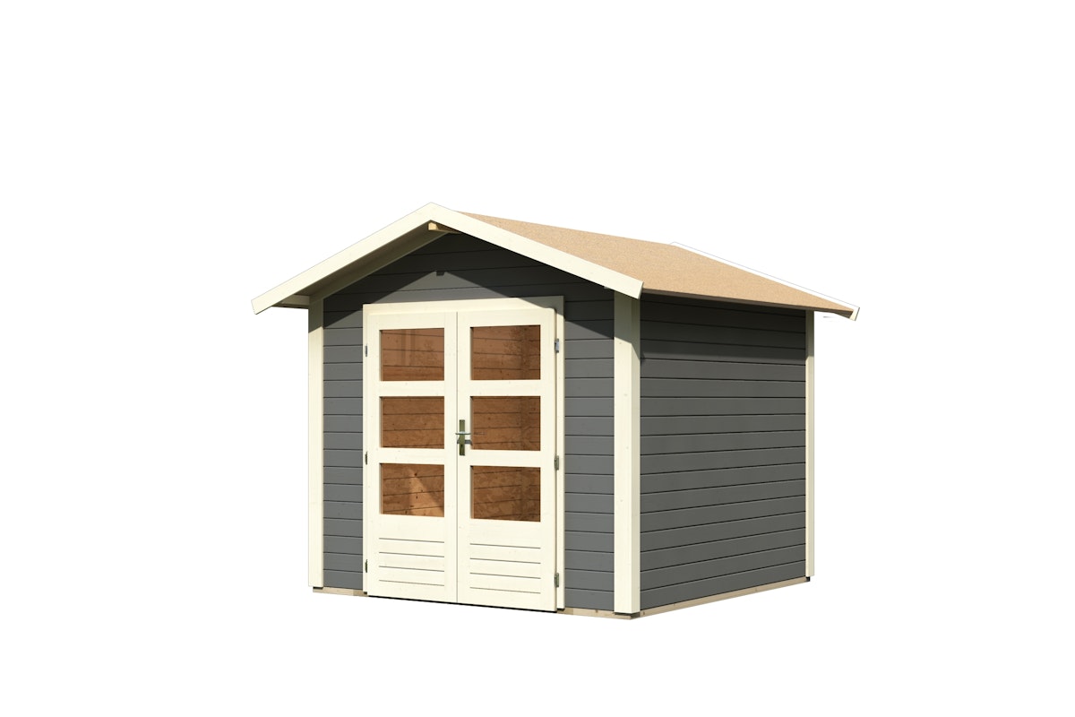 Karibu Gartenhaus Talkau 4 - 28 mm-244 x 244 cm-terragrau 50% Aktions-Rabatt auf Dacheindeckung & gratis Gartenhaus-Pflegebox von Karibu