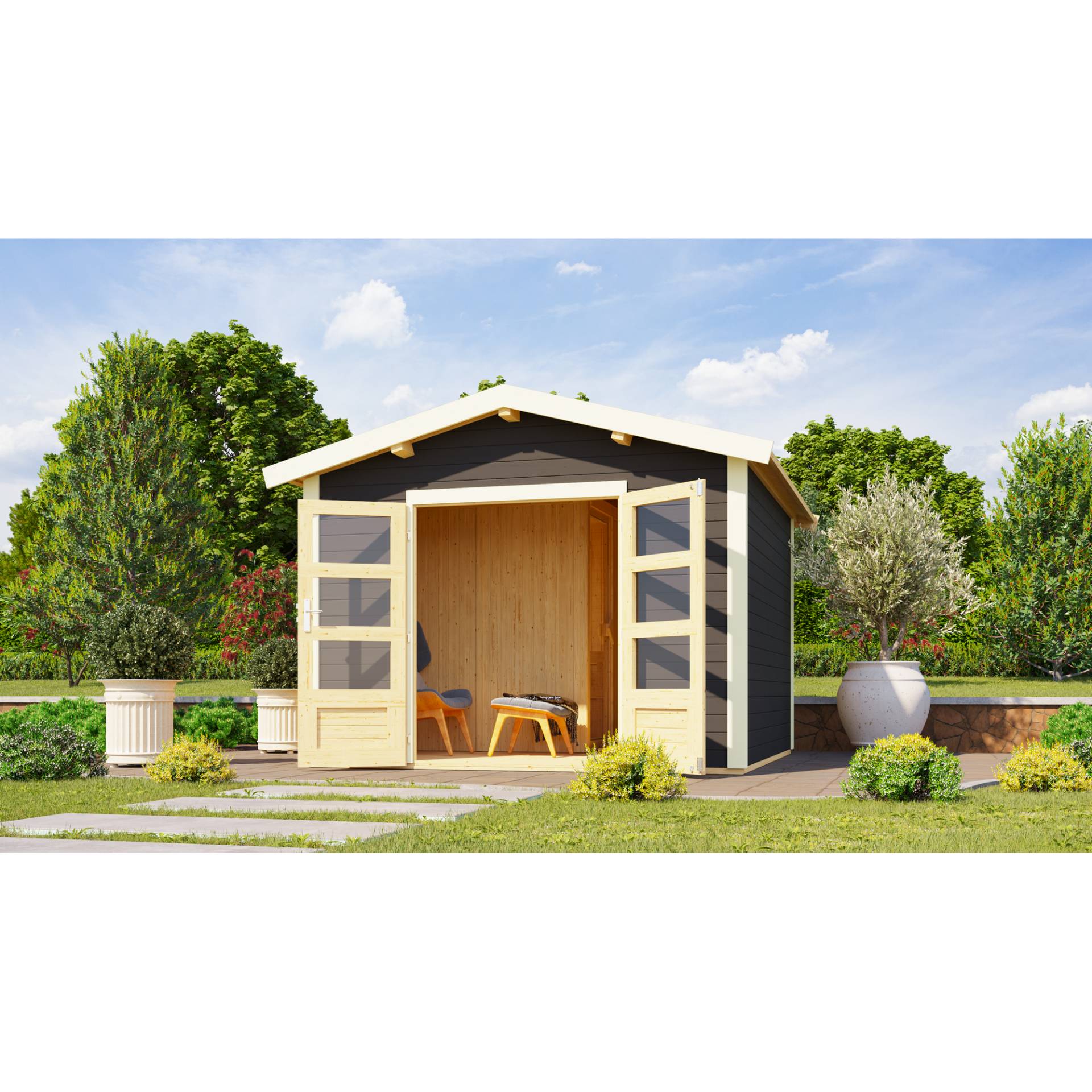 Karibu Gartenhaus mit Sauna 'Alberto' terragrau 9 kW Ofen externe Steuerung 304 x 304 x 250 cm von Karibu