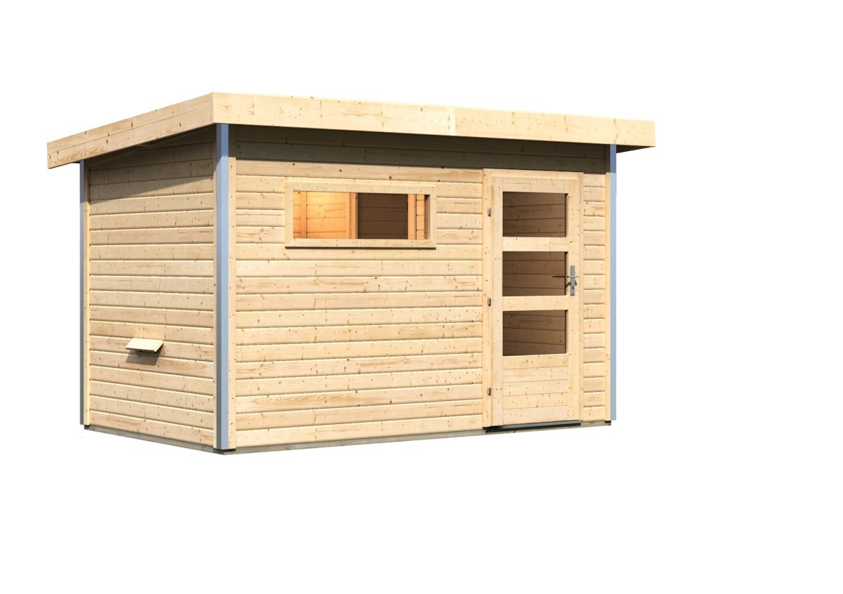 Karibu Gartensauna Pultdach Saunahaus Skrollan 1 mit Vorraum-Ohne Ofen-Moderne Saunatür (Klarglas) von Karibu