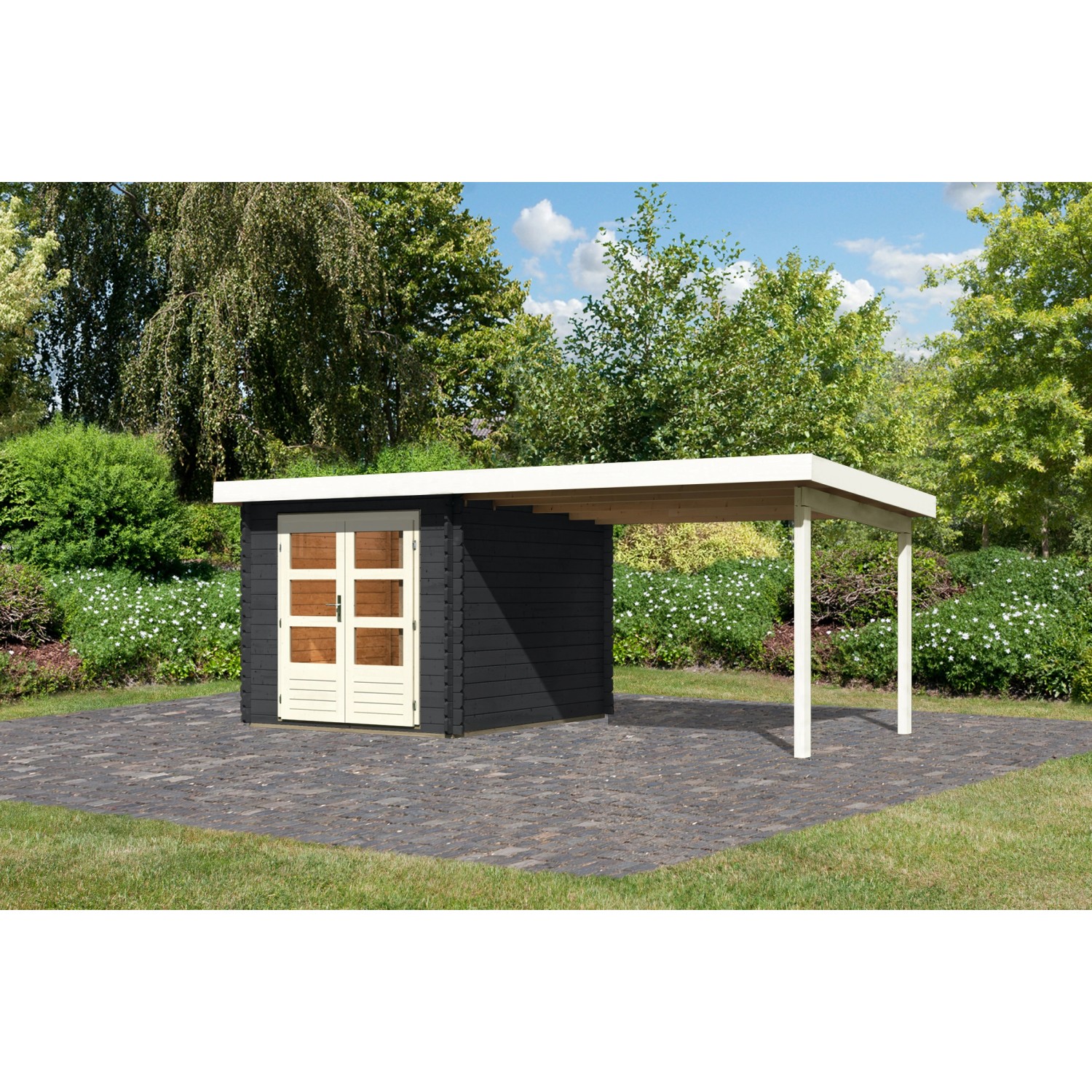 Karibu Holz-Gartenhaus Ängelholm Anthrazit Pultdach Lasiert 220 cm x 280 cm von Karibu