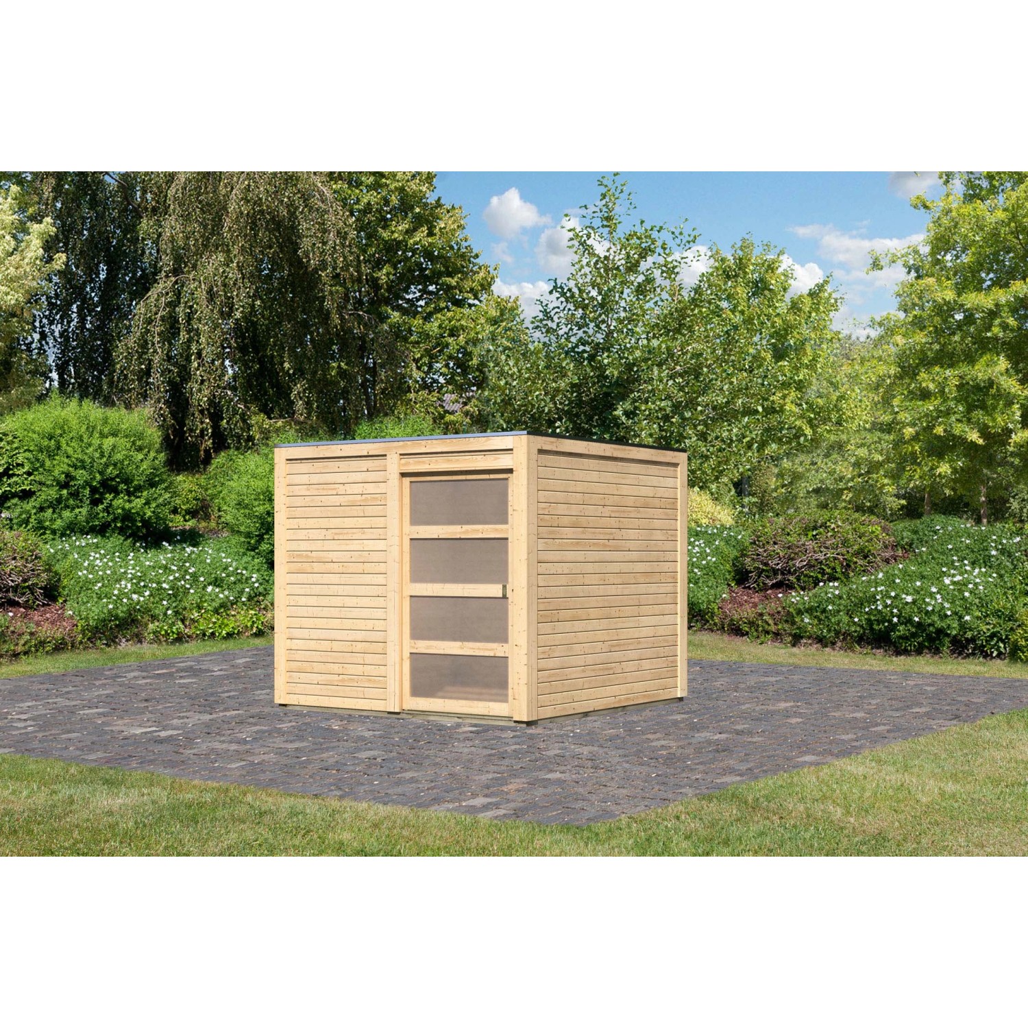 Karibu Holz-Gartenhaus Cuadrado Natur Flachdach Unbehandelt 242 cm x 242 cm von Karibu