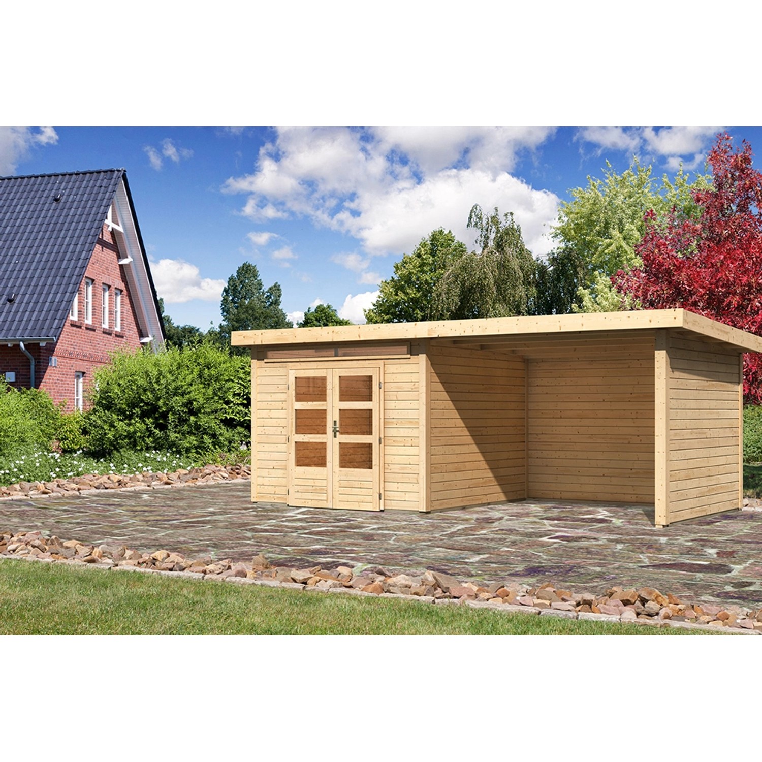 Karibu Holz-Gartenhaus Kumla 6 Natur Pultdach Unbehandelt 270 cm x 270 cm von Karibu