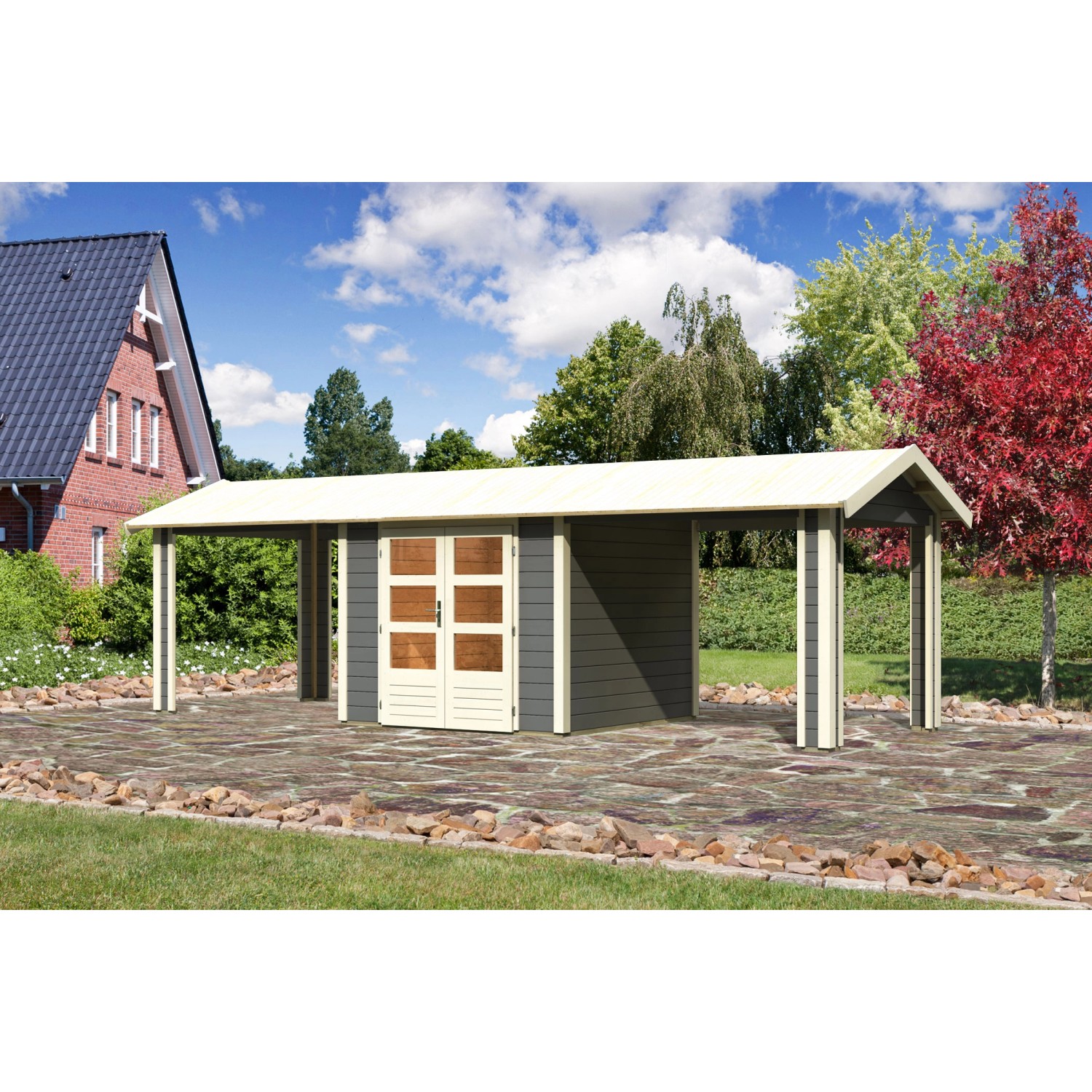 Karibu Holz-Gartenhaus Timra Terragrau Satteldach Lackiert 240 cm x 244 cm von Karibu