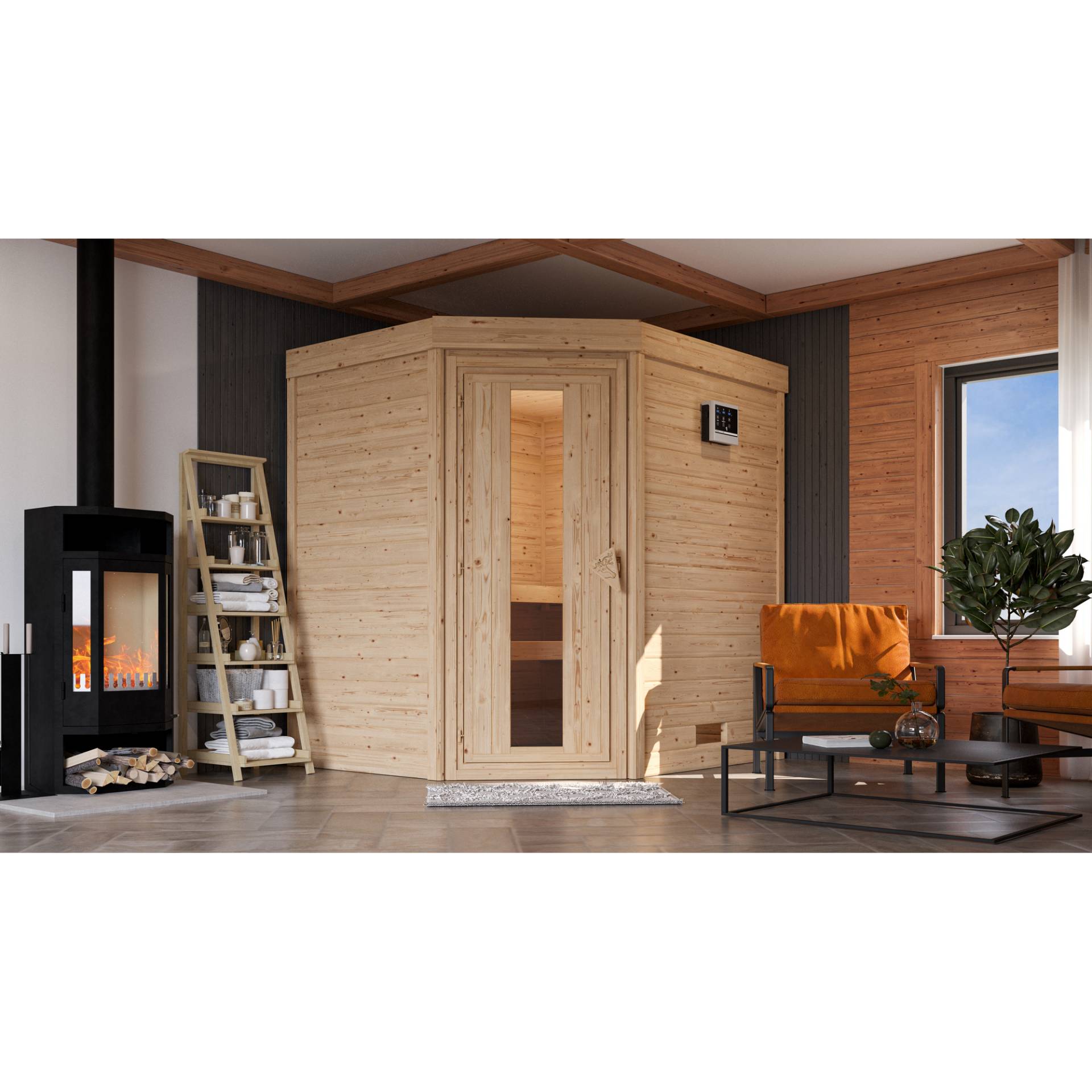 Karibu Massivholzsauna 'Aurora' naturbelassen 3,6 kW Ofen integrierte Steuerung 196 x 170 x 208 cm von Karibu