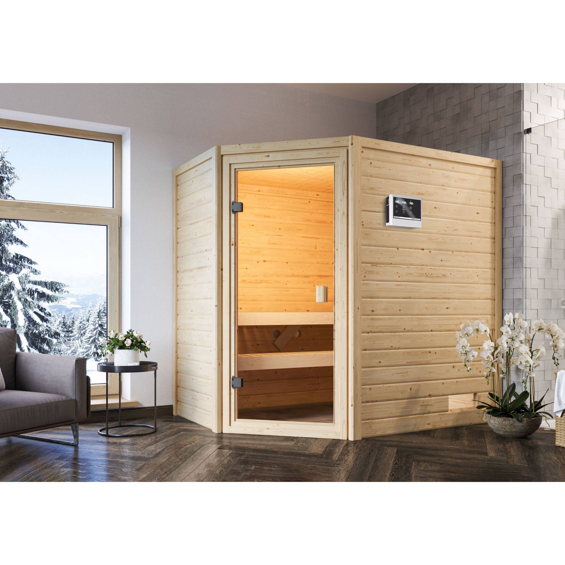 Karibu Massivholzsauna 'Delia' naturbelassen mit bronzierter Tür 9 kW Ofen externe Steuerung 195 x 145 x 187 cm von Karibu