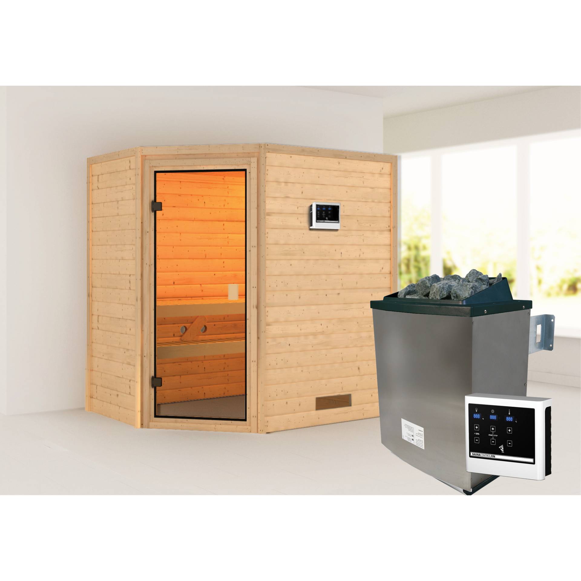 Karibu Massivholzsauna 'Imelda' naturbelassen mit bronzierter Tür 9 kW Ofen externe Steuerung modern 196 x 146 x 198 cm von Karibu