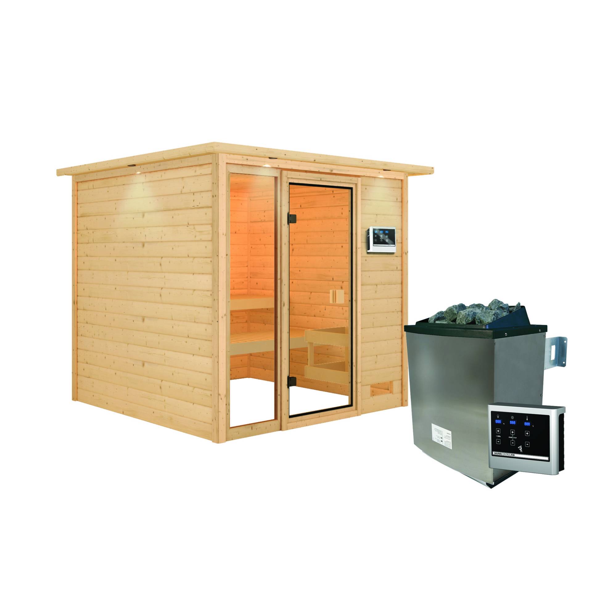 Karibu Massivholzsauna 'Jutta' natur 9 kW Ofen, Steuerung Easy, bodentiefes Fenster, Kranz 196 x 196 x 187 cm von Karibu