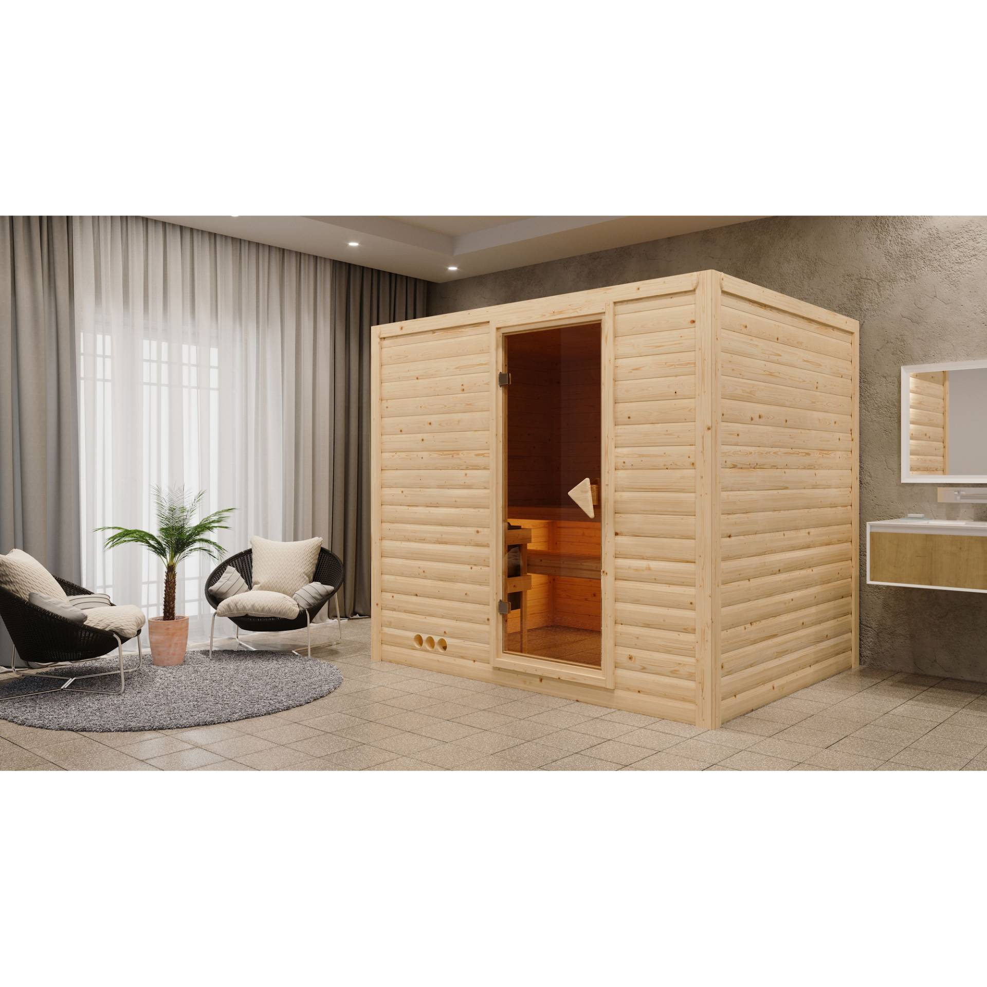 Karibu Massivholzsauna 'Lucia' naturbelassen mit bronzierter Tür 9 kW Bio-Ofen Edelstahl externe Steuerung Easy 231 x 196 x 200 cm von Karibu