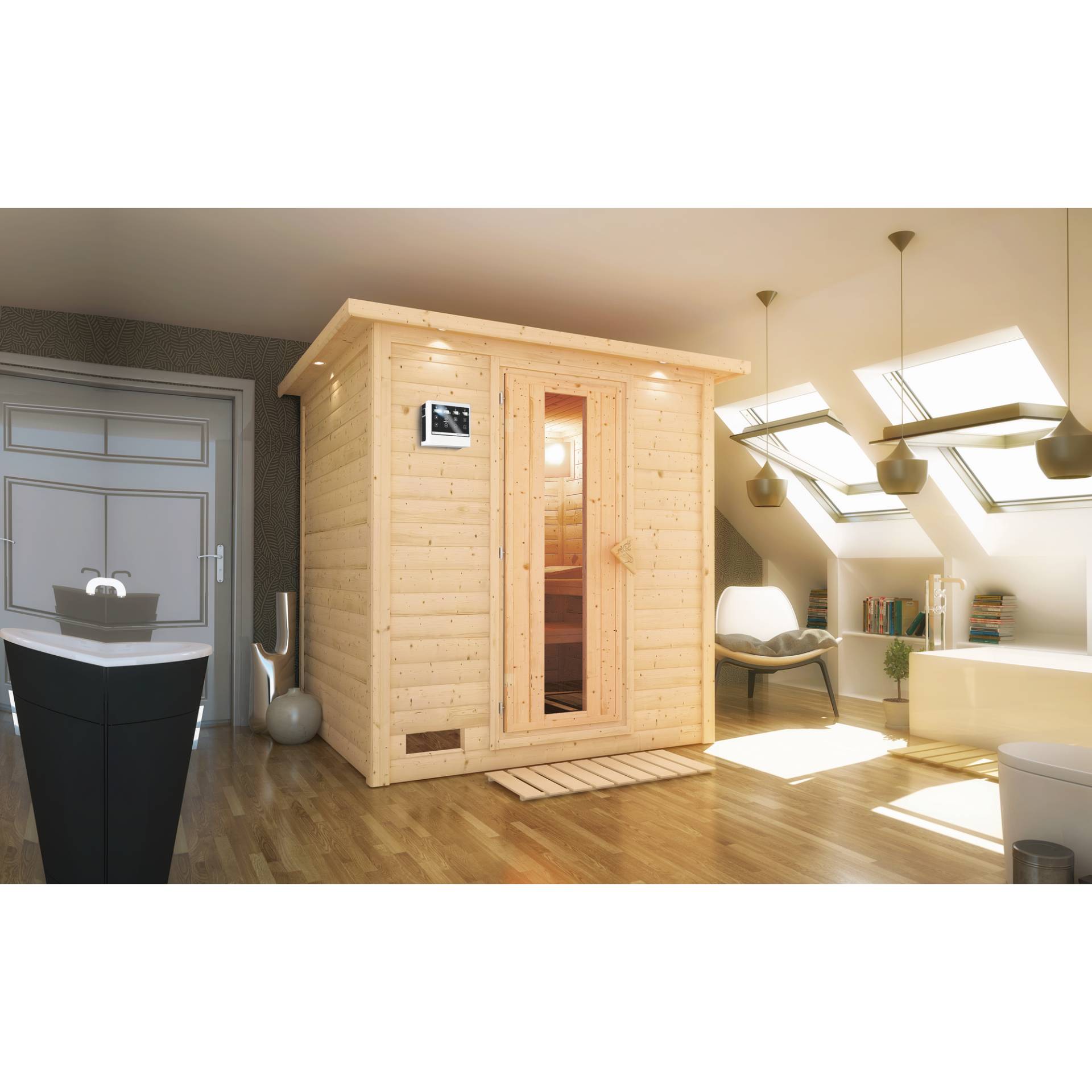 Karibu Massivholzsauna 'Luna' naturbelassen mit Kranz und EnergiesparTür 9 kW Bio-Ofen externe Steuerung Easy 224 x 210 x 206 cm Karibu Massivholzsauna 'Luna' naturbelassen mit Kranz und EnergiesparTür 9 kW Bio-Ofen externe Steuerung Easy 224 x 210 x 206 cm von Karibu