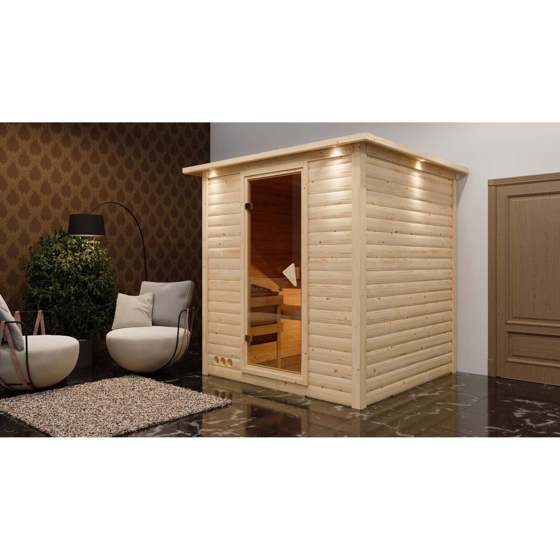 Karibu Massivholzsauna 'Luna' naturbelassen mit Kranz und bronzierter Tür 9 kW Ofen Edelstahl externe Steuerung Easy 224 x 210 x 206 cm von Karibu