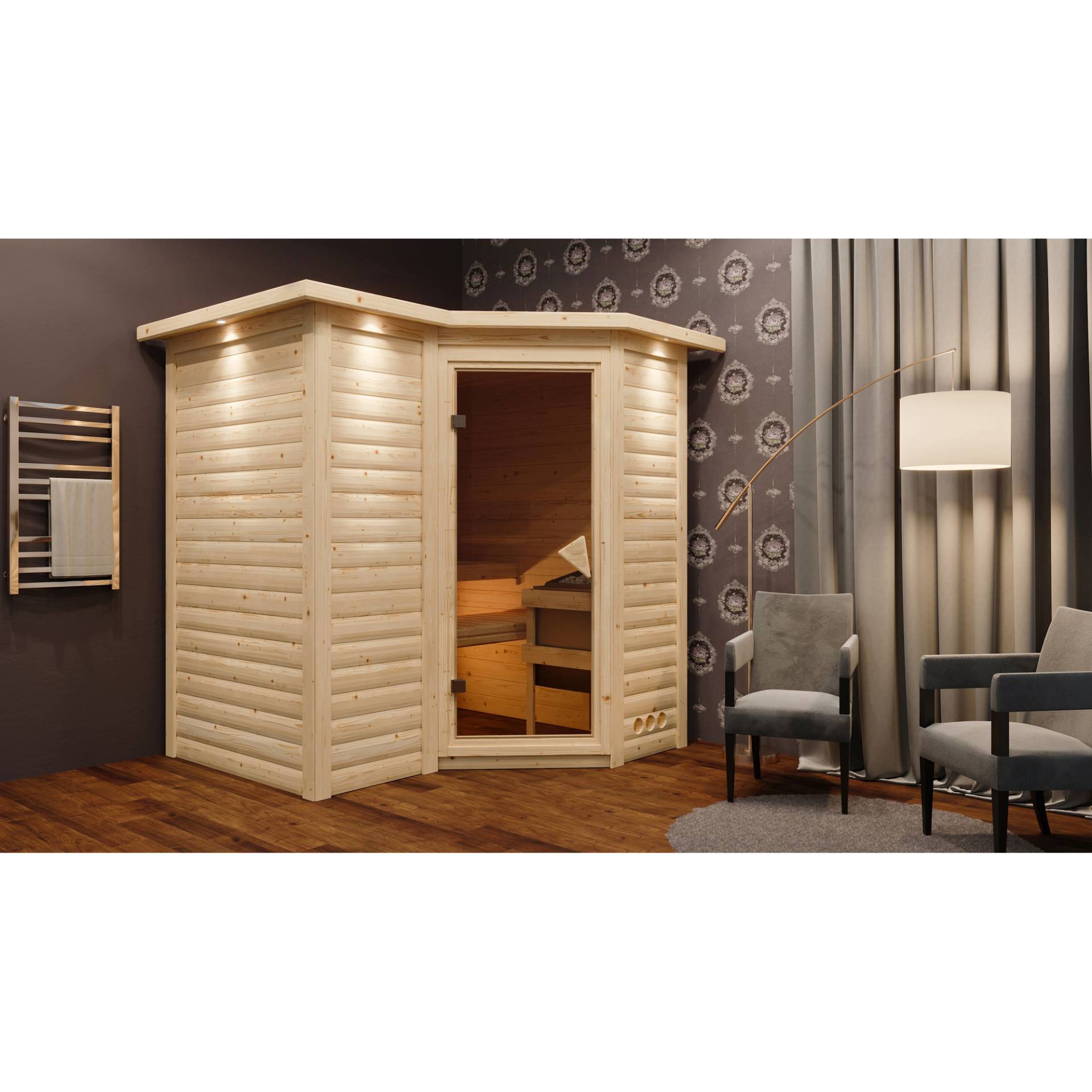 Karibu Massivholzsauna 'Perla 1' naturbelassen mit Kranz 9 kW Ofen Edelstahl, Steuerung Easy 221 x 198 x 212 cm von Karibu