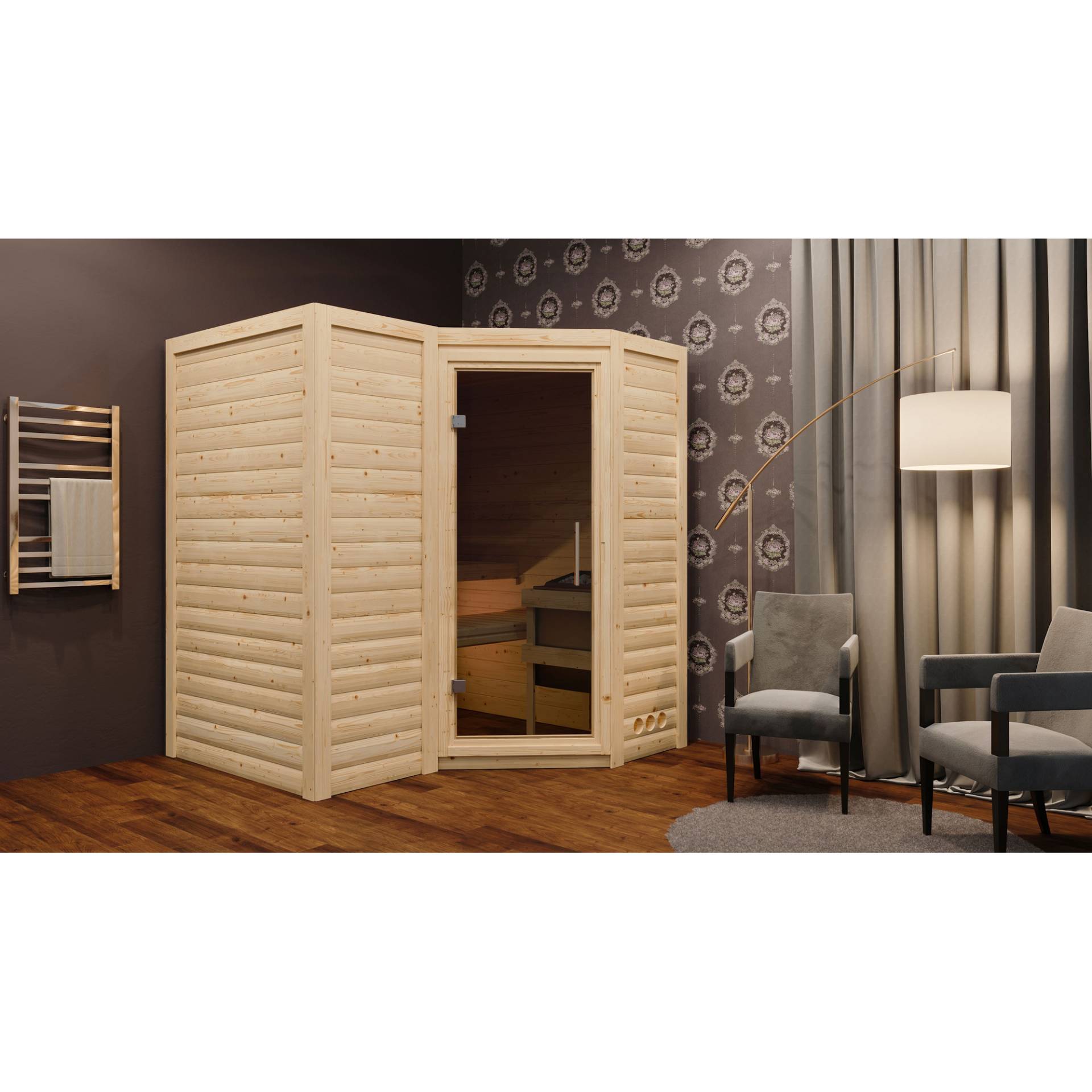 Karibu Massivholzsauna 'Perla 1' naturbelassen mit graphitfarbener Tür 9 kW Bio-Ofen externe Steuerung Easy 193 x 184 x 209 cm von Karibu