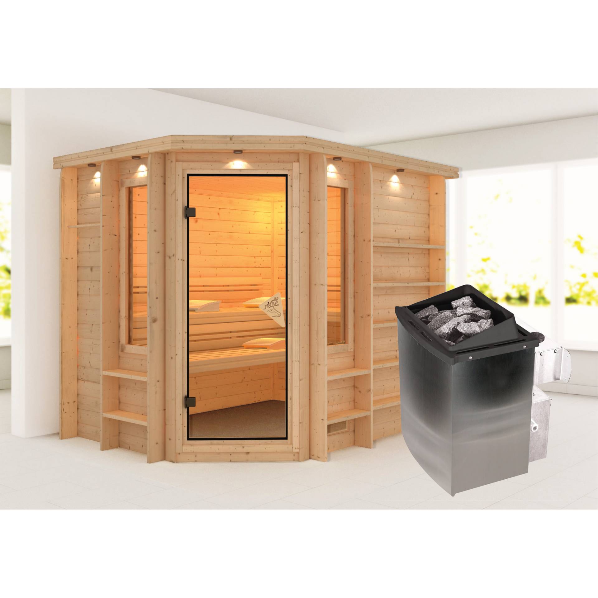 Karibu Massivholzsauna 'Vera' naturbelassen mit bronzierter Tür 9 kW Ofen integrierte Steuerung 259 x 210 x 206 cm von Karibu