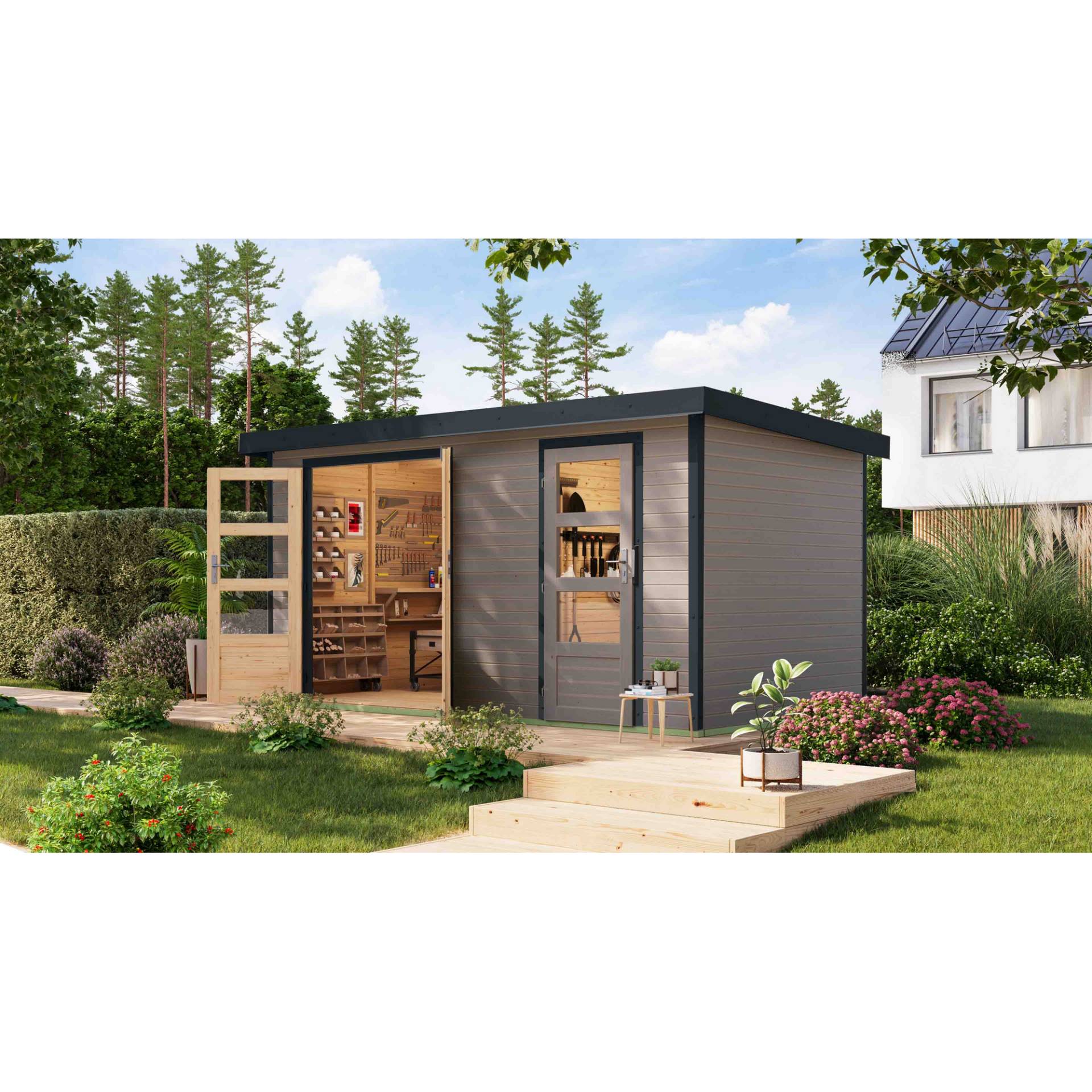 Karibu Metall-Holzgartenhaus 'Antaris D' Fichtenholz wassergrau Metall anthrazit 400,5 x 209 x 213,5 cm Karibu Metall-Holzgartenhaus 'Antaris D' Fichtenholz wassergrau Metall anthrazit 400,5 x 209 x 213,5 cm von Karibu