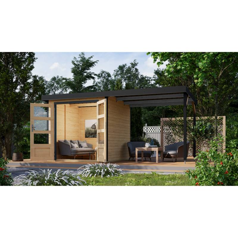 Karibu Metall-Holzgartenhaus 'Komet A' naturbelassen/anthrazit, Anbaudach, Doppelflügeltür 453 x 235 x 208,5 cm von Karibu