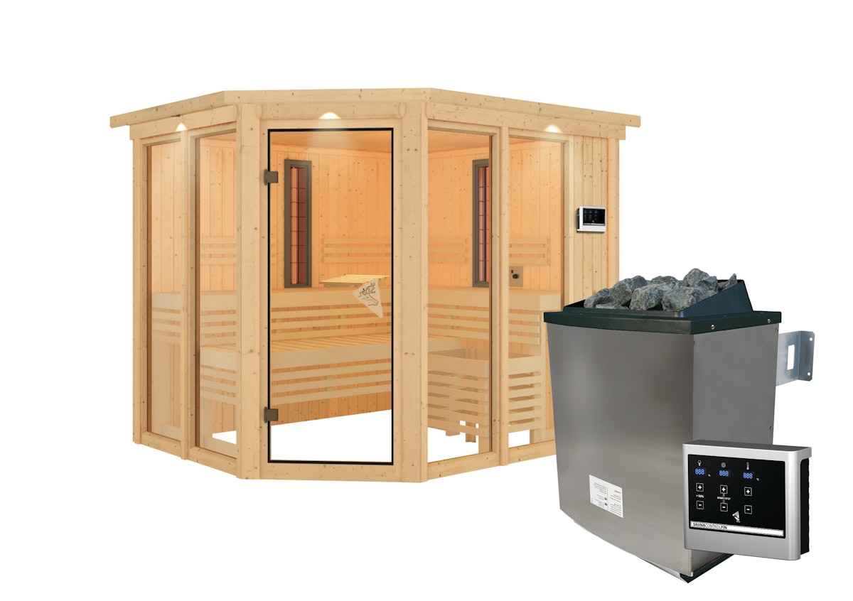 Karibu Multifunktions-Sauna Ava inkl. Infrarotstrahler mit Eckeinstieg 68 mm Inkl. Dachkranz 9 kW Ofen inkl. Steuergerät von Karibu