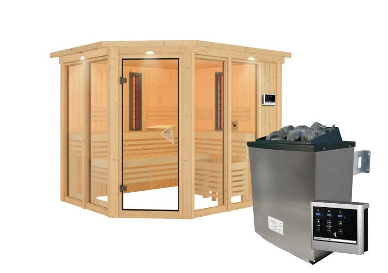 Karibu Multifunktions-Sauna Ava inkl. Infrarotstrahler mit Eckeinstieg 68 mm Inkl. Dachkranz 9 kW Ofen inkl. Steuergerät von Karibu