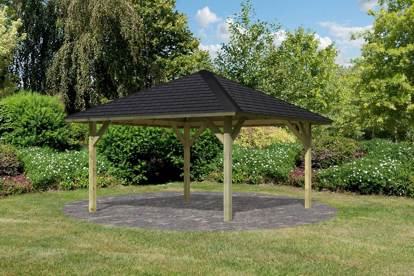 Karibu Pavillon Holm 1, (Set), BxTxH: 431x431x315 cm, mit schwarzen Dachschindeln von Karibu