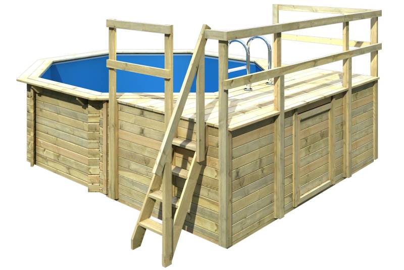 Karibu Pool Modell 1 D - kesseldruckimprägniert Grundkörper inkl. Terrasse & 2 kleiner Sonnenterrassen Sparset inkl. Sandfilteranlage & Skimmer 10% Frühbucher-Rabatt von Karibu