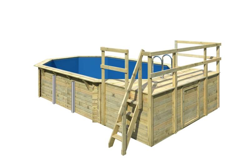 Karibu Pool Modell 4 Classic D - kesseldruckimprägniert Grundkörper inkl. Terrasse & 2 kleiner Sonnenterrassen Sparset inkl. Sandfilteranlage & Skimmer 10% Frühbucher-Rabatt von Karibu