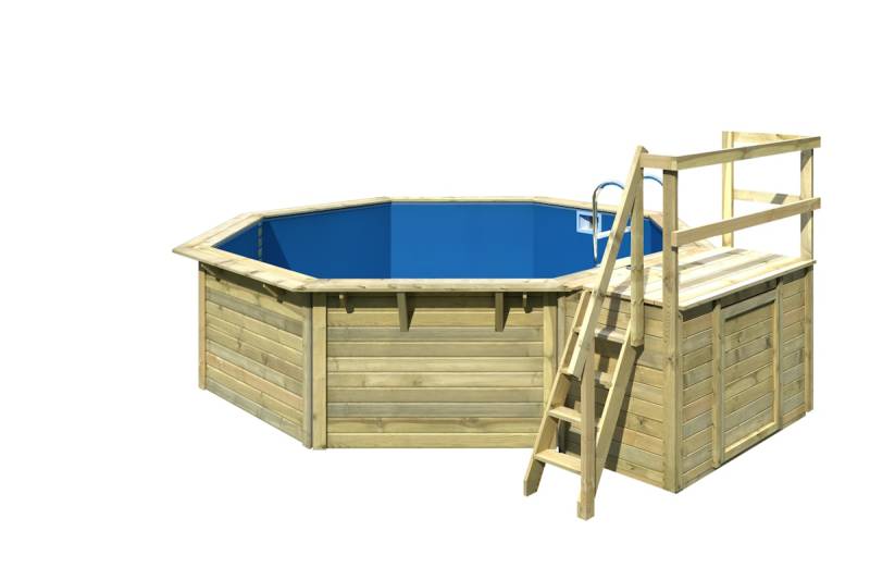Karibu Pool Modell X2 470 x 470 cm mit Terrasse - kesseldruckimprägniert/wassergrau mit Metallecken 10% Frühbucher-Rabatt von Karibu